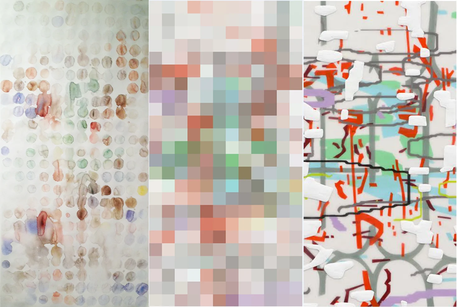 (Left) Rainbrush painting; (center) pixel mapping of my painting; (right) detail of my painting, Variation (white), 2014