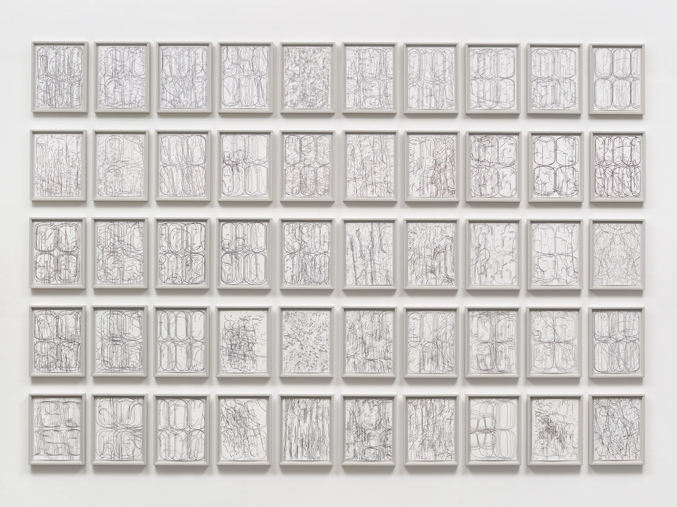 50 Variations, installation of fifty framed works, gouache on paper, overall dimensions variable