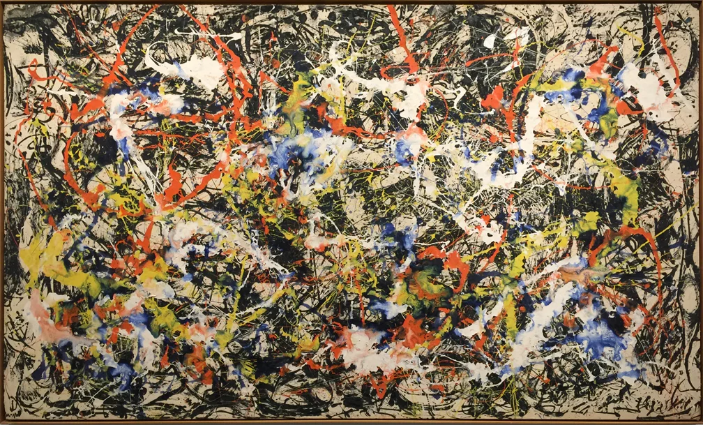 Convergence: Number 10, 1952, 1952 This painting is the perfect blending of the techniques of the black paintings and the earlier poured paintings. It literally sizzles with opticality. 