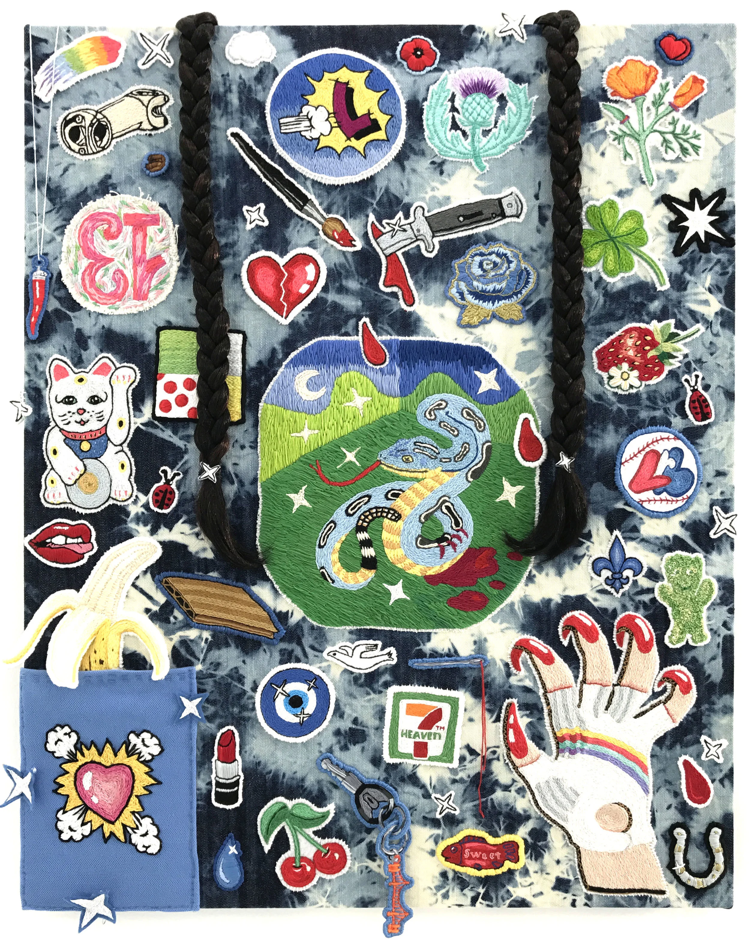 LAURA ROKAS, Stabbed in the Back, Let Your Rage Guide the Way, 2016. Hand sewn patches on felt and linen; cotton embroidery floss, acid washed denim, synthetic hair, 30 x 24 inches 