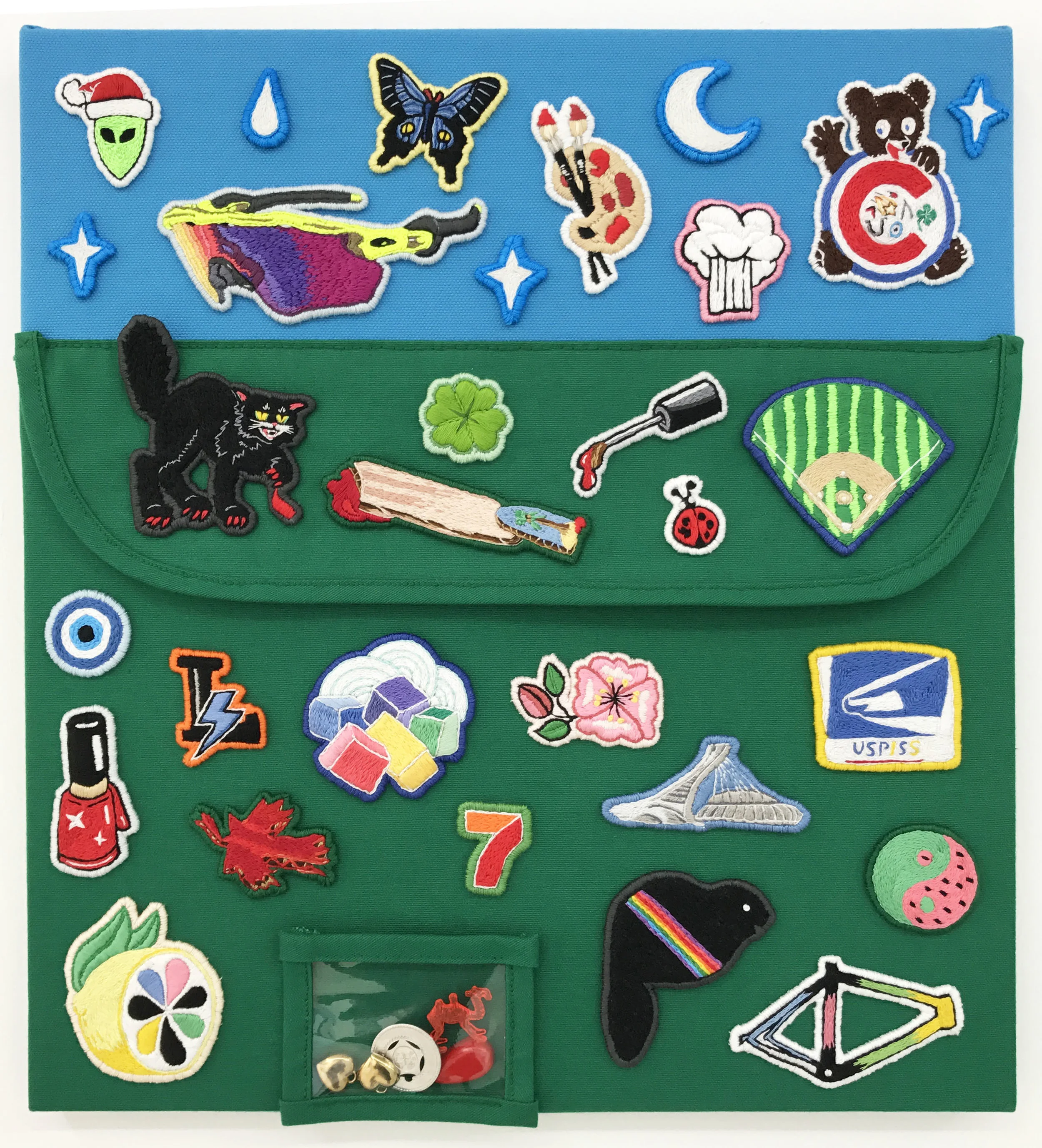 LAURA ROKAS, R.O.K.A.S. (Rage Out Kut And Scratch), 2016. Hand sewn patches; cotton embroidery floss on felt, vinyl, canvas, 20 x 18 inches. I am in love with these custom hand-sewn patches. These works remind me of Matthew Palladino's plaster reliefs.