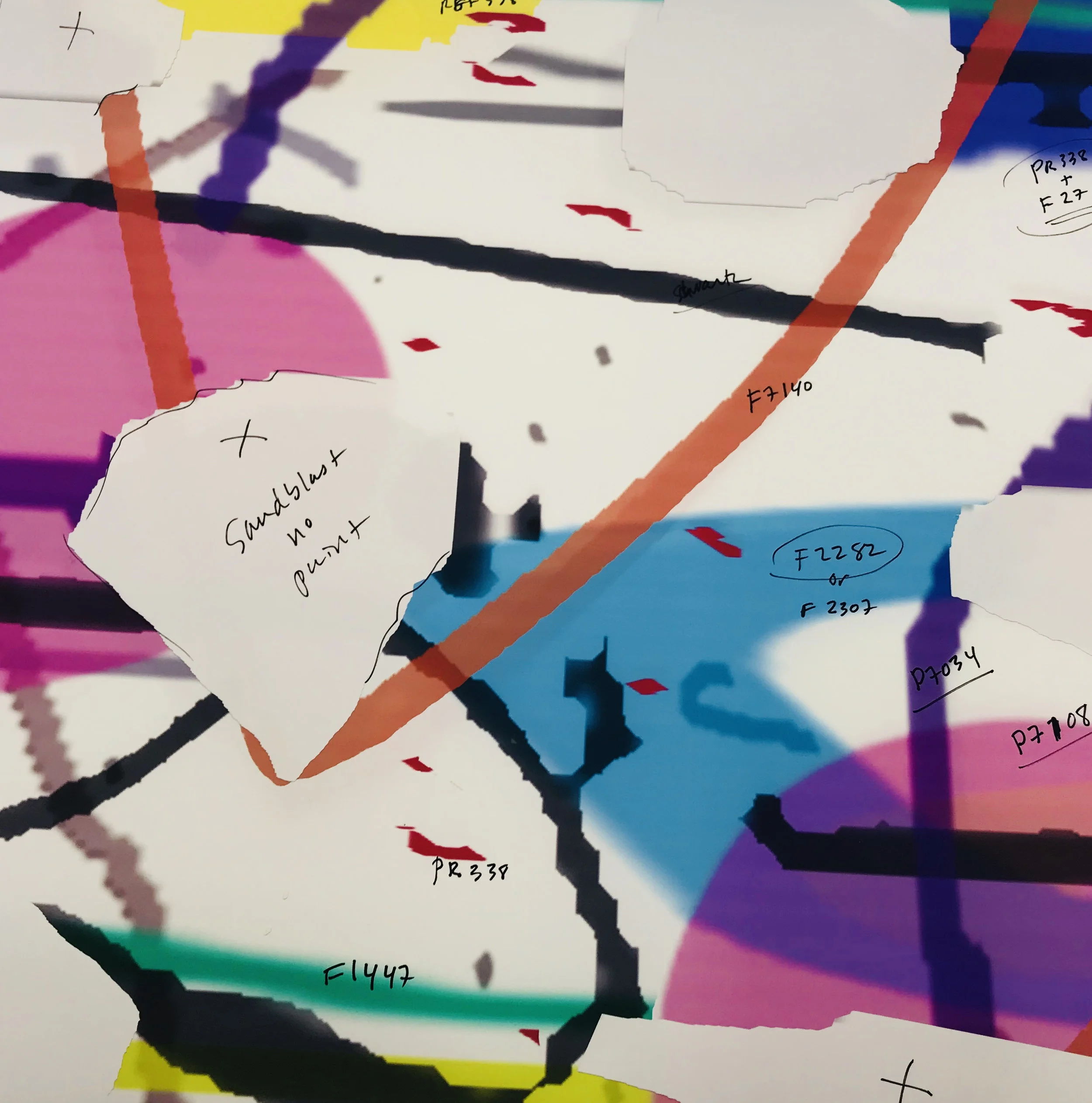 Printed sketch with color notations. 