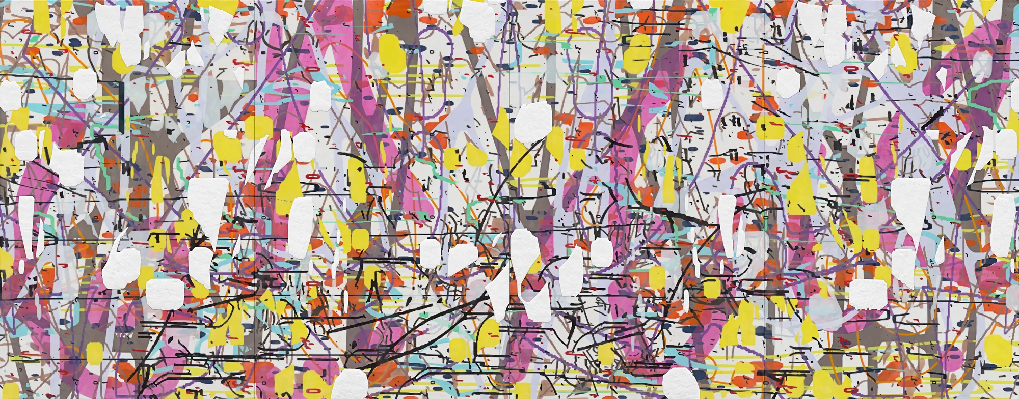 Variation (a configuration of forces on the sagittal and transverse planes) Part I, 2018 Oil and encaustic on four panels 66" x 168" x 2"