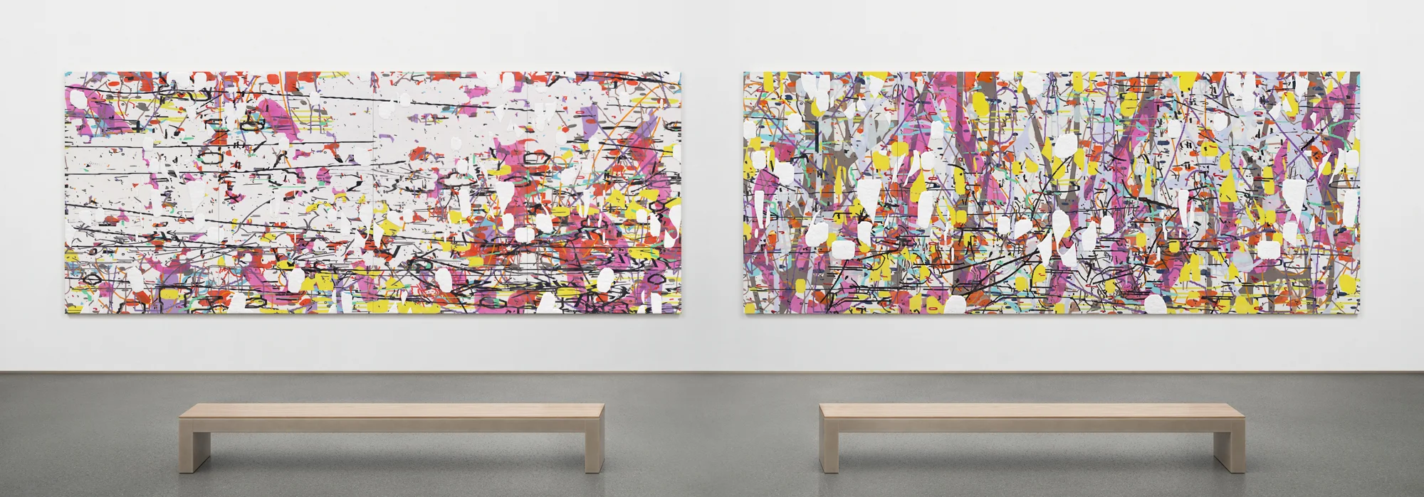 Variation (a configuration of forces on the sagittal and transverse planes) Parts I & II, 2018 Each oil and encaustic on four panels Each 66" x 168" x 2"