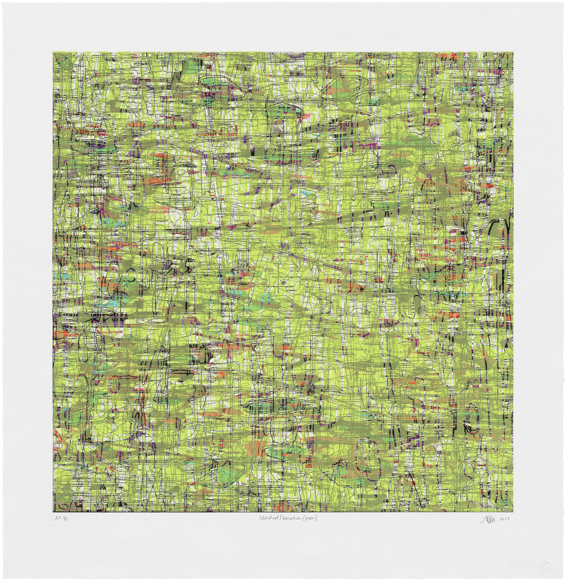   Identical/Variation (green) , 2018 Print (etching, acrylic ink, woodcut); edition of 12 Image: 28 x 28 inches Paper: 35 x 34 inches 