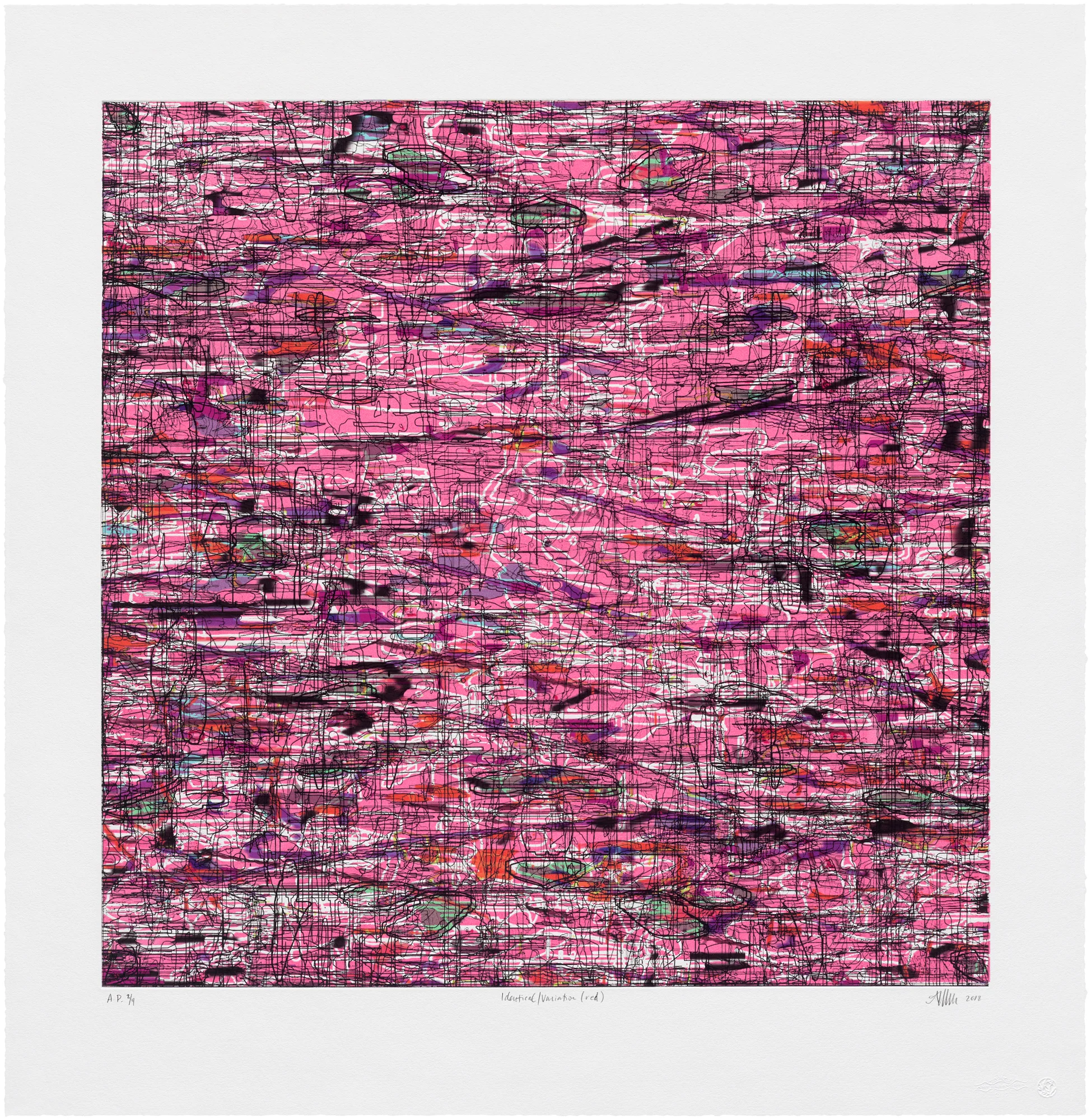 Identical/Variation (red) , 2018 Print (etching, acrylic ink, woodcut); edition of 12 Image: 28" x 28" Paper: 35" x 34"