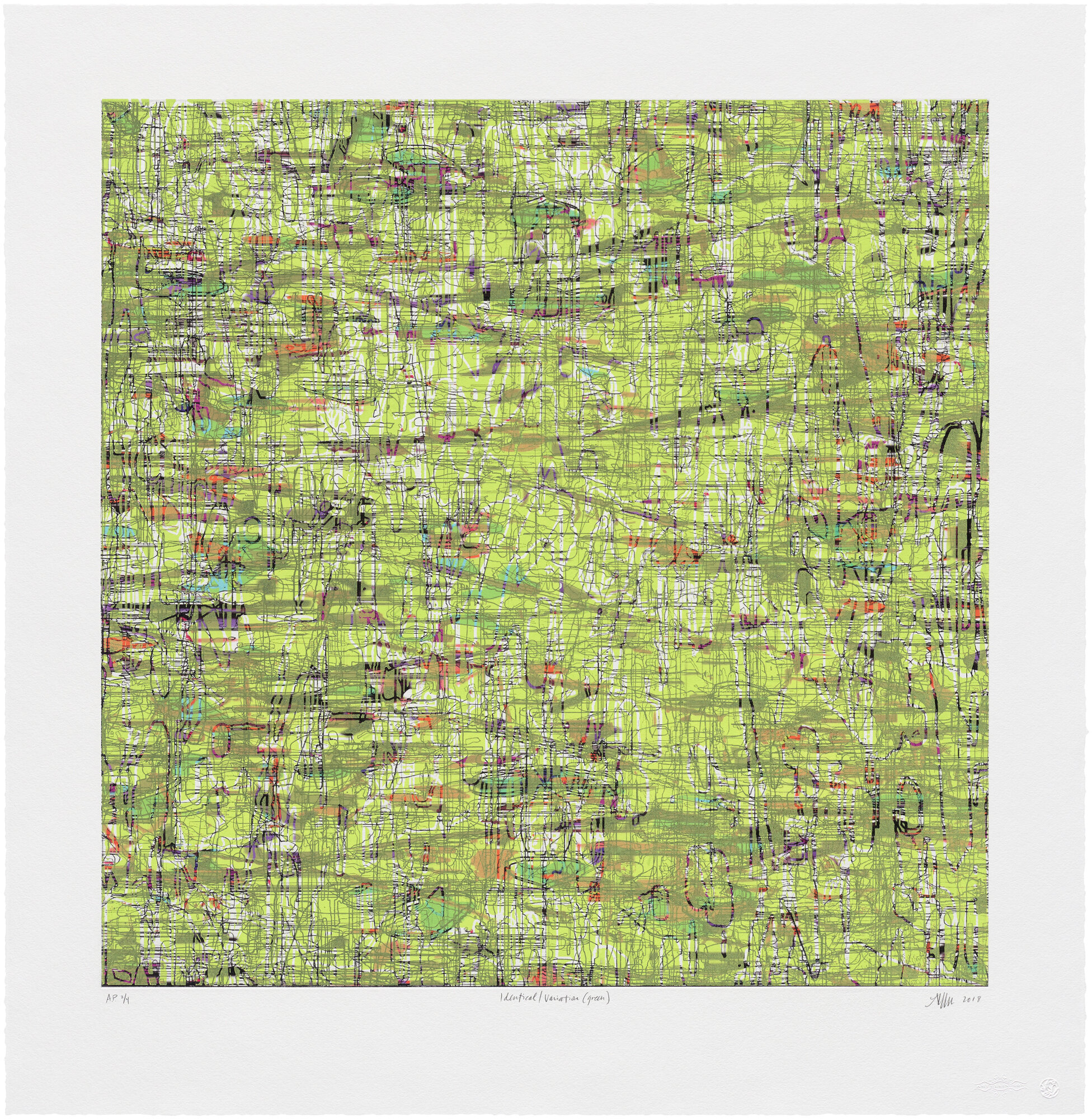   Identical/Variation (green),  2018 Print (etching, acrylic ink, woodcut); edition of 12 Image: 28 x 28 inches Paper: 35 x 34 inches  