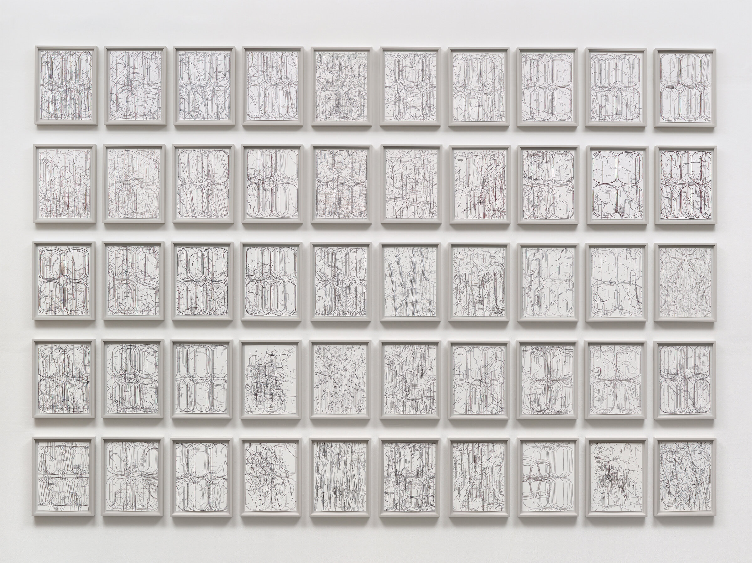  [installation]  50 Variations,  2011 Gouache on Rising Stonehenge paper Each 12 x 9 inches (13 ¾ x 10 ¾ inches framed) Overall dimensions variable 