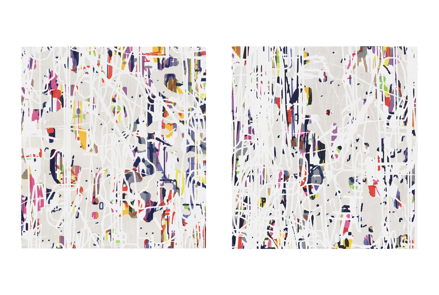   Variation (white/oak) Nos. 1 &amp; 2 , 2019 Twelve color lithographs on Rives BFK Each 32 ¾ x 30 inches 