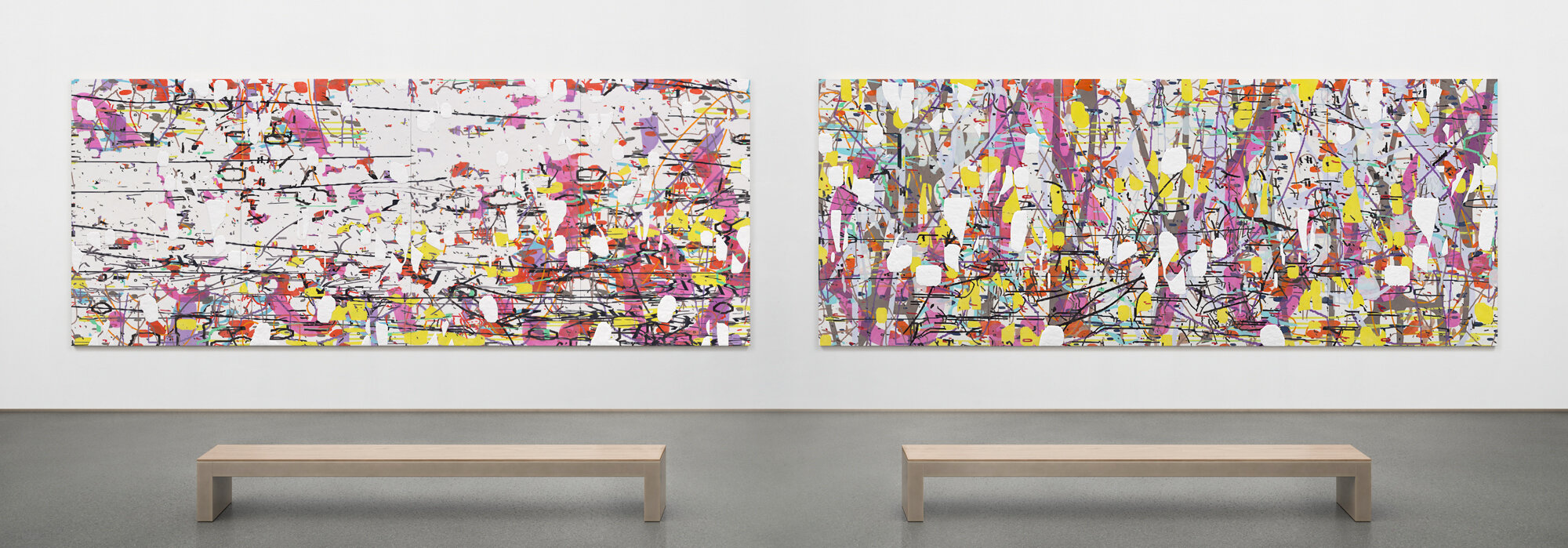   Variation (a configuration of forces on the sagittal and transverse planes) Parts I &amp; II,  2018 Each oil and encaustic on four panels  Each 66 x 168 inches  