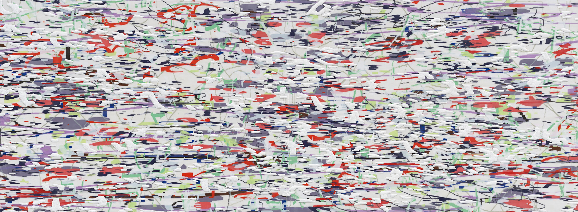   Variation (white, green, violet),  2017 Oil and encaustic on panel 40 x 108 inches 