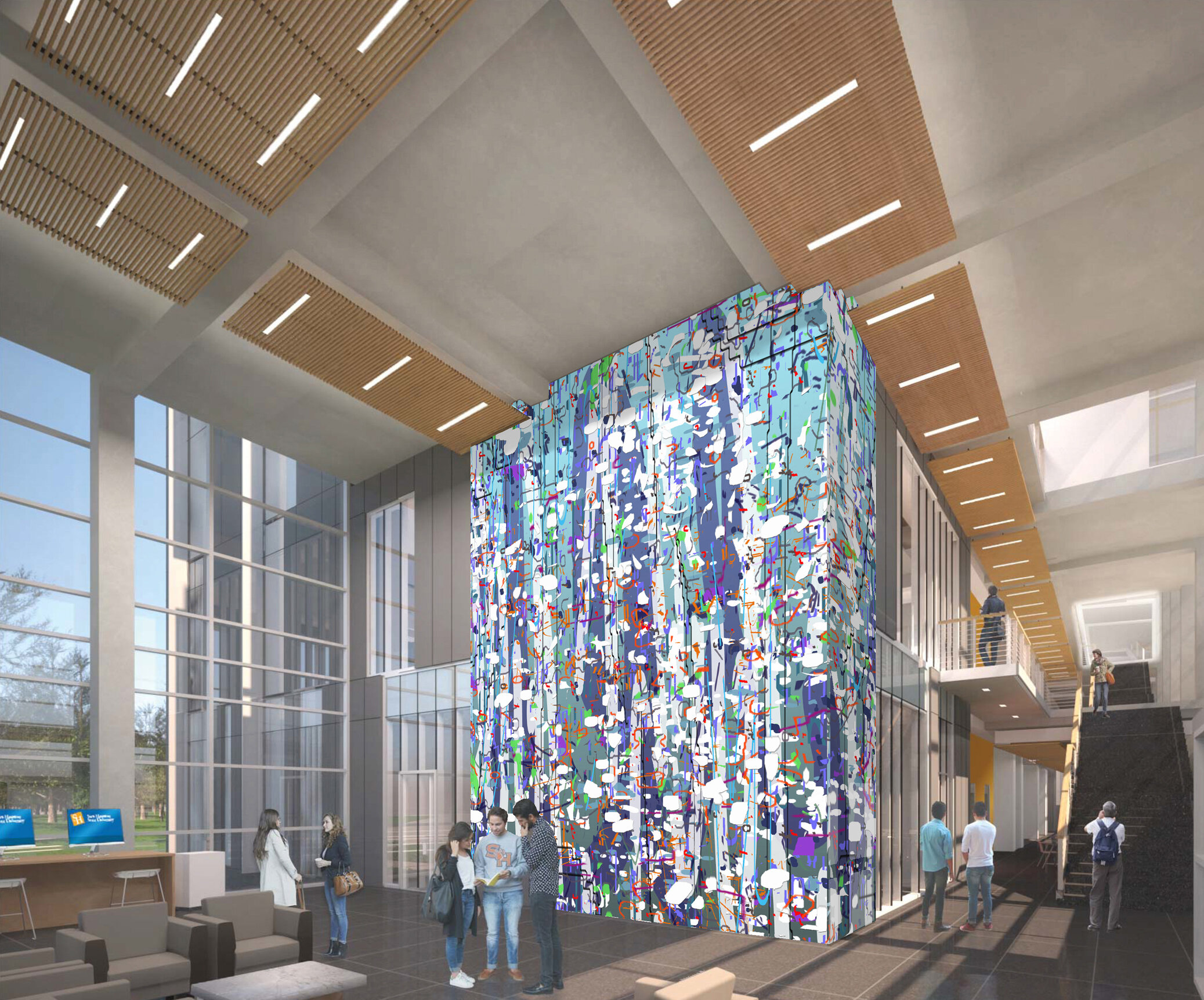  [concept mockup]  Large Variation: Blue   Ceramic mosaic  26 x 26 feet Sam Houston State University, College of Osteopathic Medicine Building, Conroe, Texas     