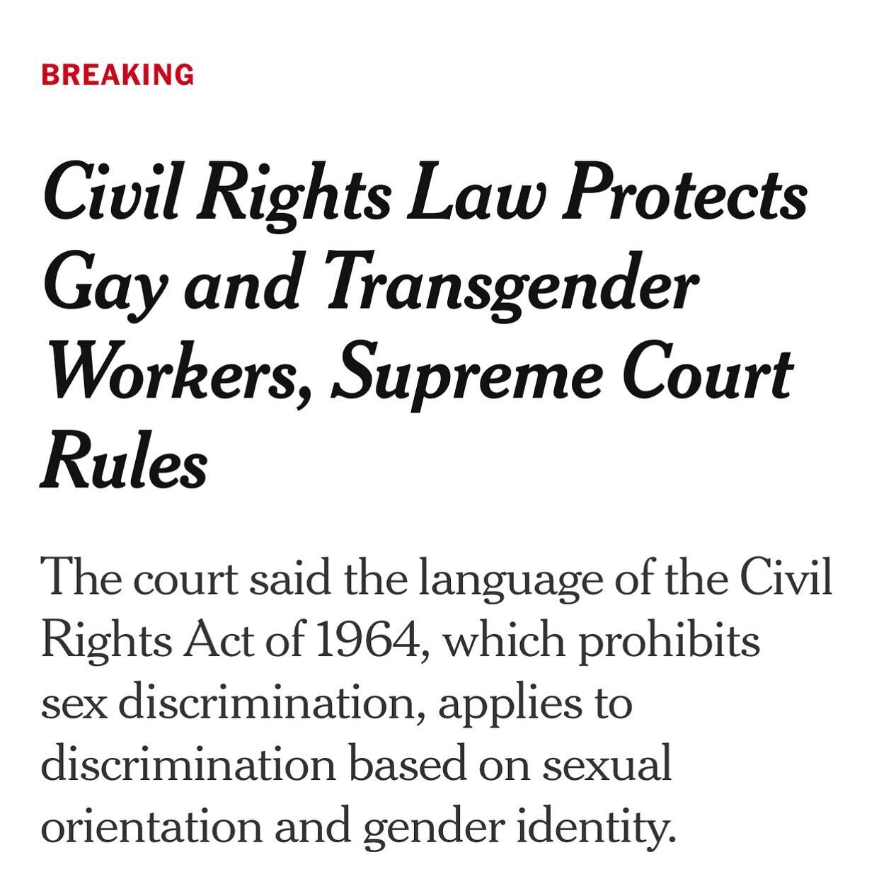 Finally, a bit of good news. It&rsquo;s especially heartening that it was a 6-3 decision. Of course, one wishes for unanimity when it comes to civil rights for all. #civilrights #gayrights #transrights #🌈 #supremecourtdecision #takethattrump