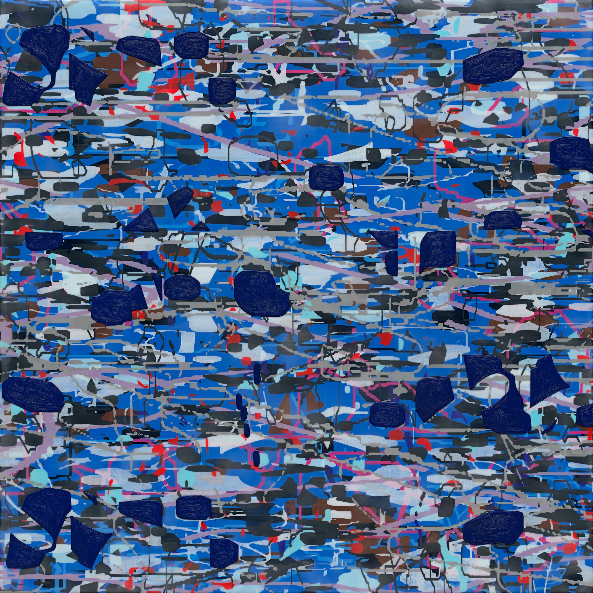   Variation (blue, grey, red),  2021 Oil and encaustic on panel 36 x 36 inches 