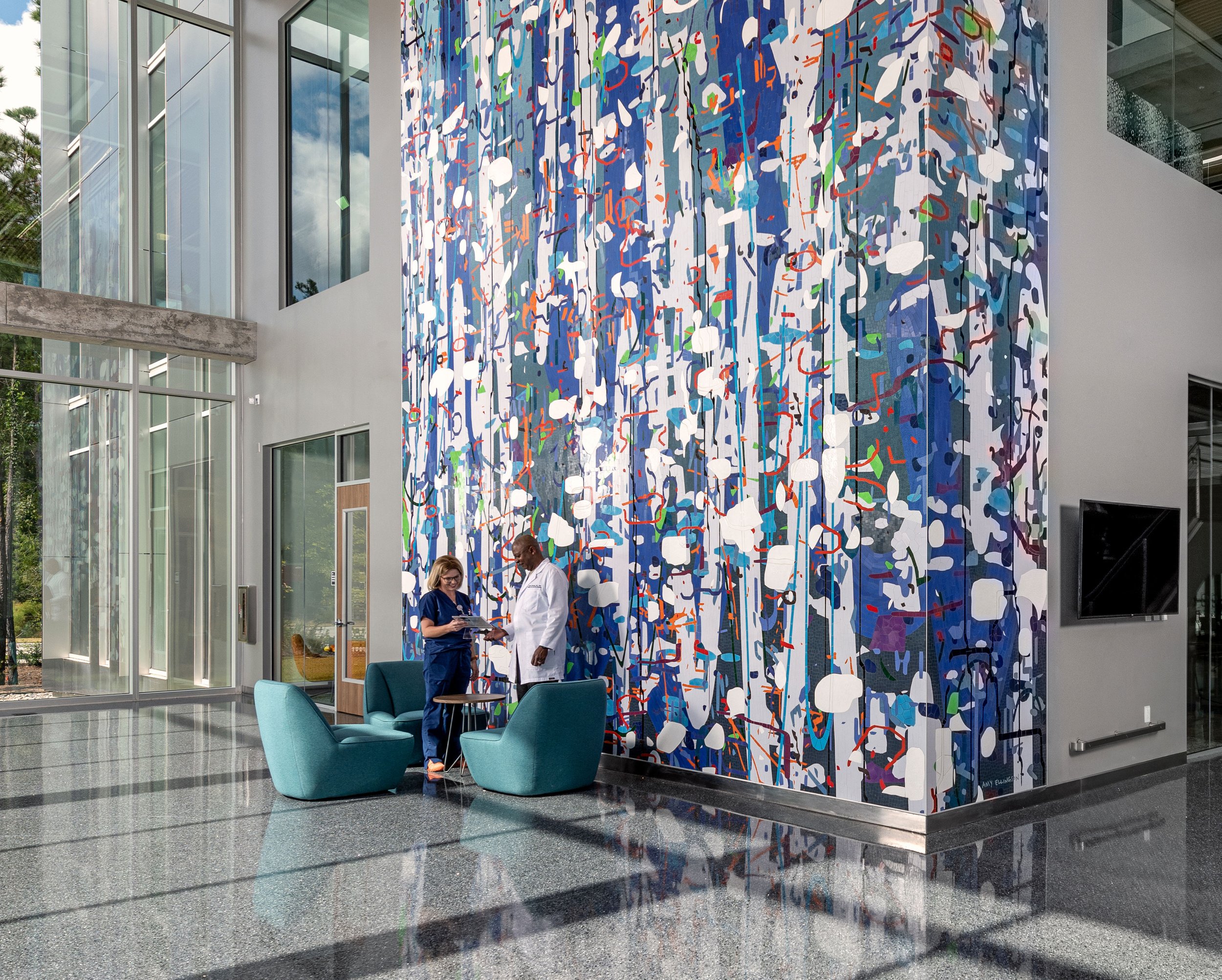  [detail]  Large Variation: Blue , 2021 Ceramic mosaic 26 x 26 feet  Sam Houston State University, College of Osteopathic Medicine Building, Conroe, Texas 