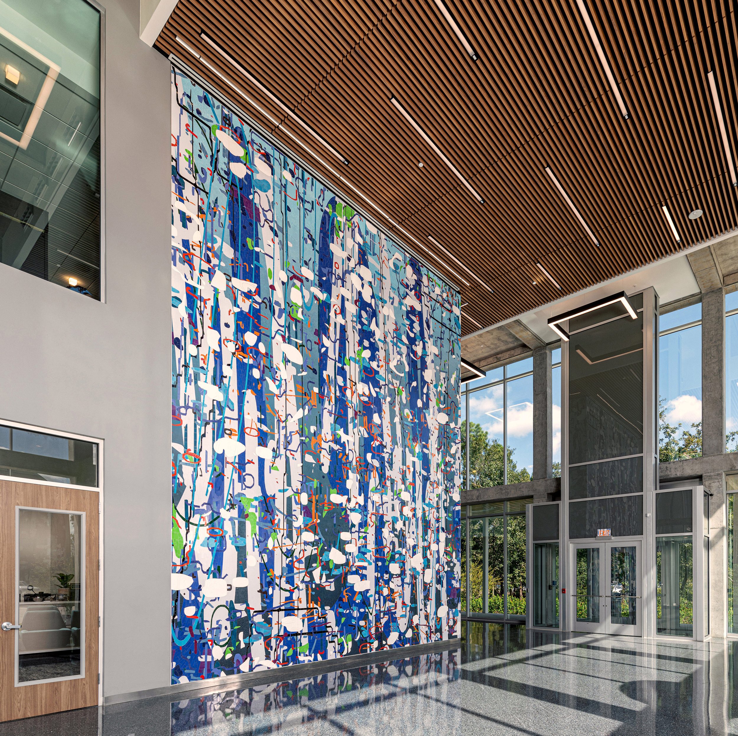   Large Variation: Blue , 2021 Ceramic mosaic 26 x 26 feet  Sam Houston State University, College of Osteopathic Medicine Building, Conroe, Texas 