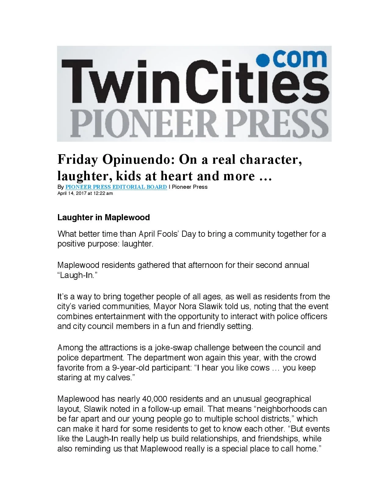 Pioneer Press article about Laugh In