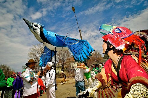 KID CITY Teaching Artist Gustavo Boada and Julie Kastigar showing off their bird puppets.