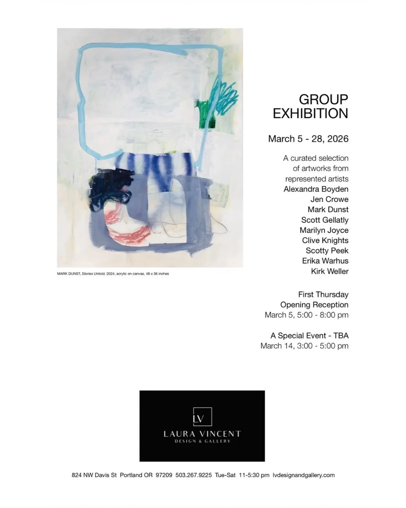 Opening tonight for First Thursdays, a group exhibition at LAURA VINCENT DESIGN &amp; GALLERY. 

I&rsquo;m chuffed that Laura has chosen to include three paintings of mine to be part of the exhibition! Daydream 24x36, Moonlit 12x12, and Poetic 12x12 