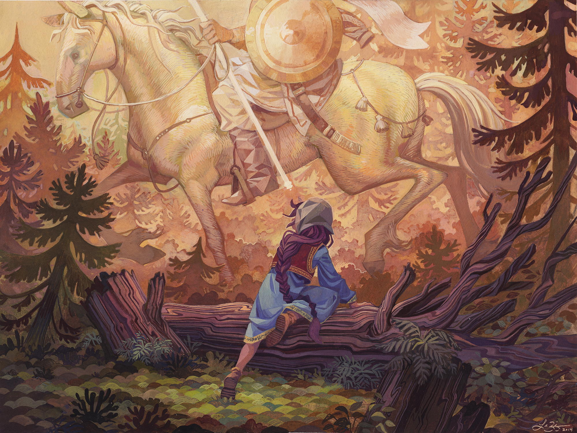 "Vasilisa Encounters the White Horseman" Gouache on Arches 300lb Hot Press 12x16 inches
