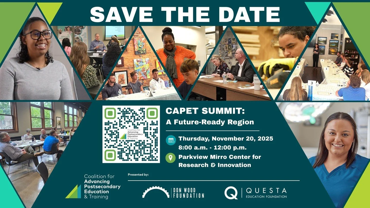 📅 Save the Date!
 We&rsquo;re bringing northeast Indiana together for the CAPET Summit, a day to align voices, share ideas, and move action forward for postsecondary education and training in our region.

Your voice matters in shaping the future of 