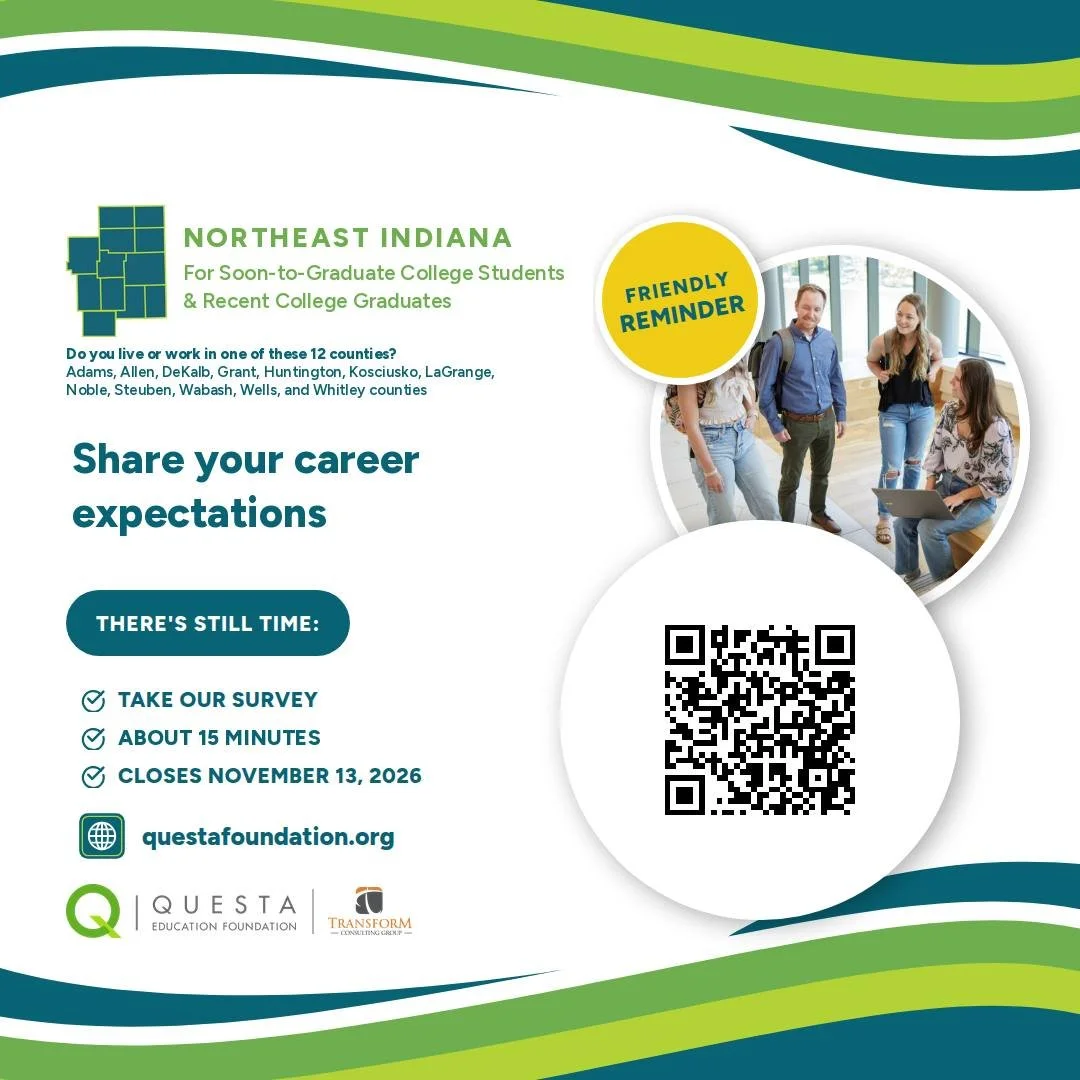 Friendly reminder, college students and recent college grads! 👋

There's still time to take the Graduate Mindset Survey from Questa Education Foundation, in partnership with Transform Consulting Group. Whether you're
graduating from college soon or 