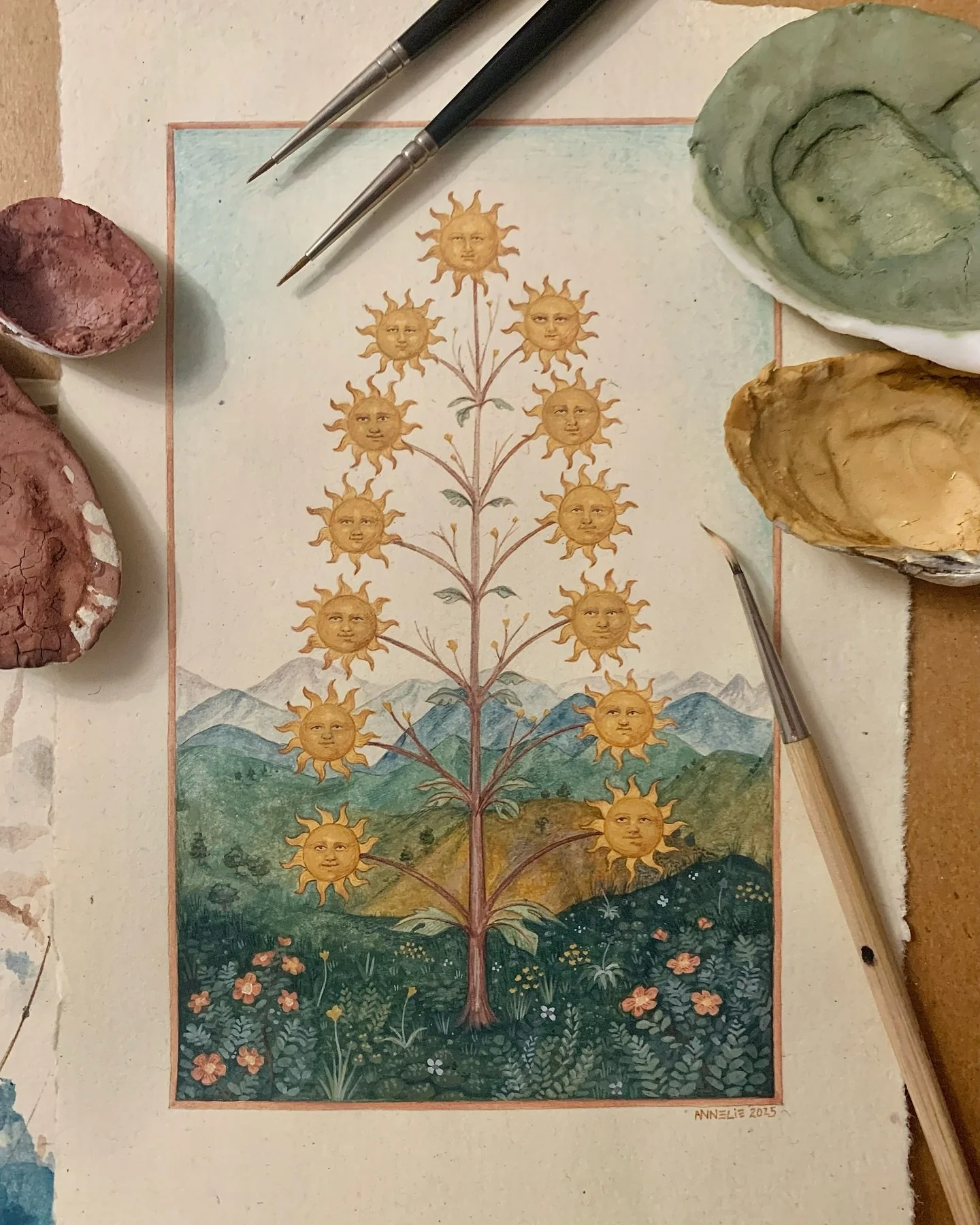 Another recent little painting, inspired by alchemical manuscripts and spring, featuring not one, but 13! little sun faces 🌞🌸🌿

This piece will be on show at Medieval RELICS 
Dates: 16-21 June 2025
Location: The Framing Gallery at Green &amp; Ston