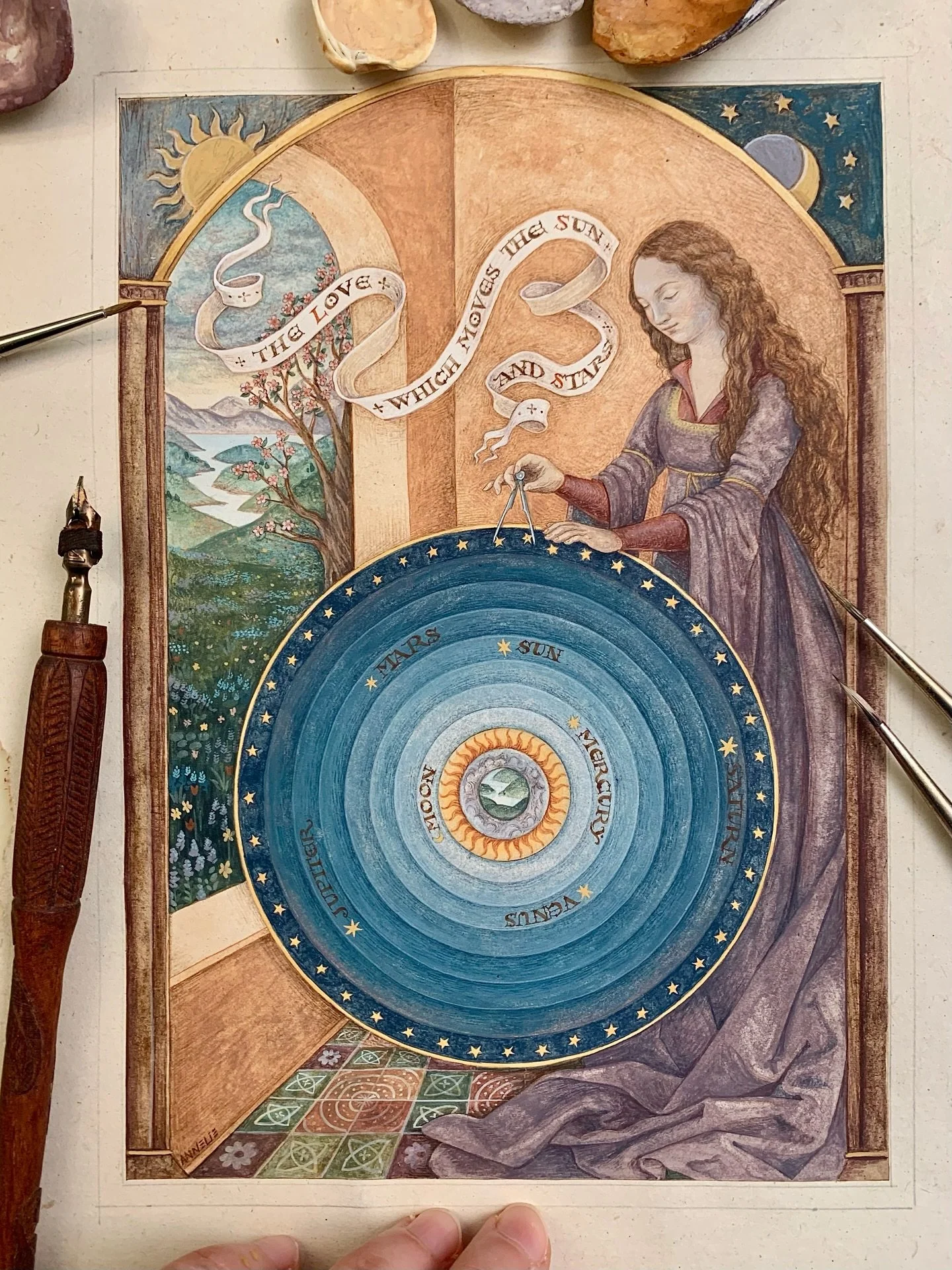 Here is the full painting and some little bits throughout the process 🌀 

Cosmic Love
14.2cm x 21cm
Handmade opaque watercolours on hemp paper 

My studio is all in boxes for a little while as I prepare to move countries, but I&rsquo;ll be sharing s