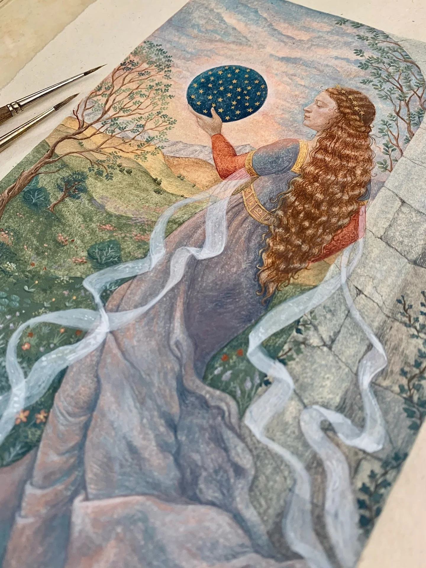 A little preview of this painting of my girl Urania, which will be on view in Glastonbury later this month 🌟

Painted with my handmade watercolours with natural pigments on hemp paper.
Sharing because I know I&rsquo;m not alone in feeling profoundly