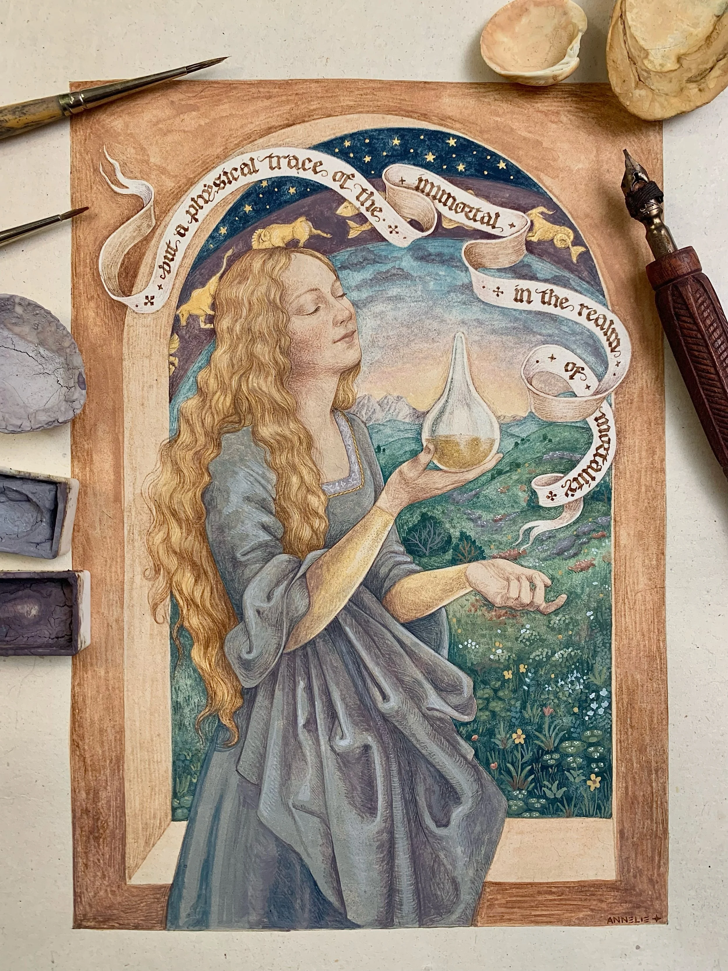 &ldquo;But a physical trace of the immortal in the realm of mortality&rdquo;
Another one inspired by the Splendor Solis and the symbolism of gold. The text on this flying scroll (really into my flying scrolls lately) comes from The Alchemy of Paint b