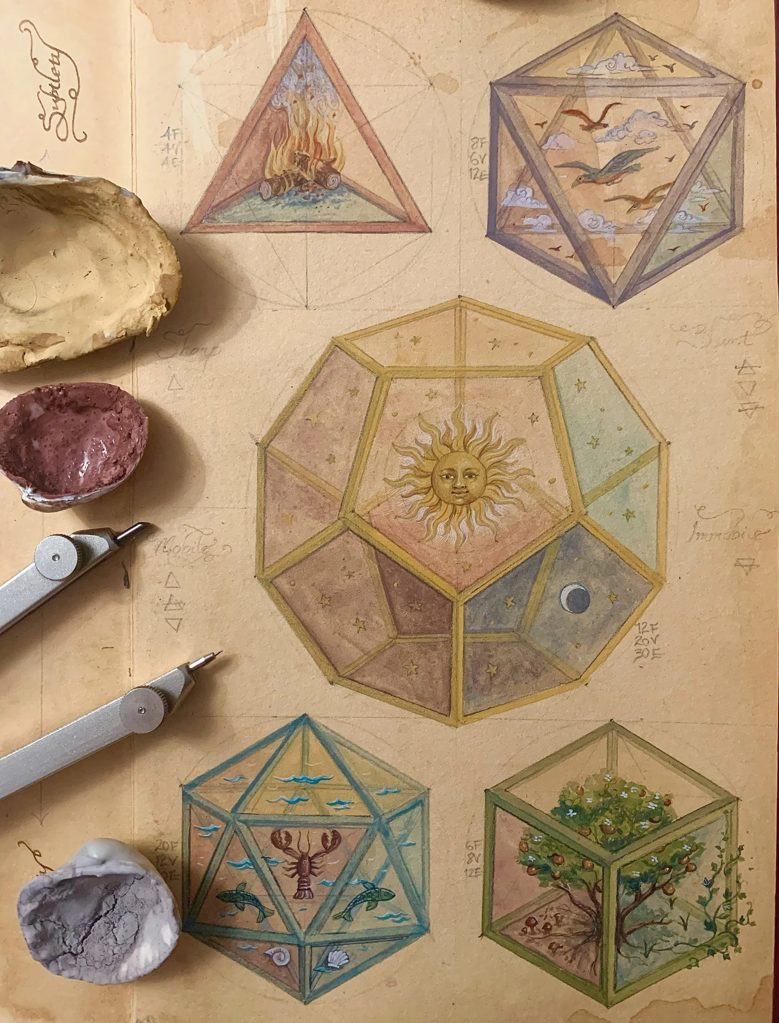 A little sketchbook painting from a few years ago since I&rsquo;ve had limited time and space to create anything new recently. Based on Johannes Kepler&rsquo;s drawings of the 5 Platonic solids 🔥☁️💧🌳