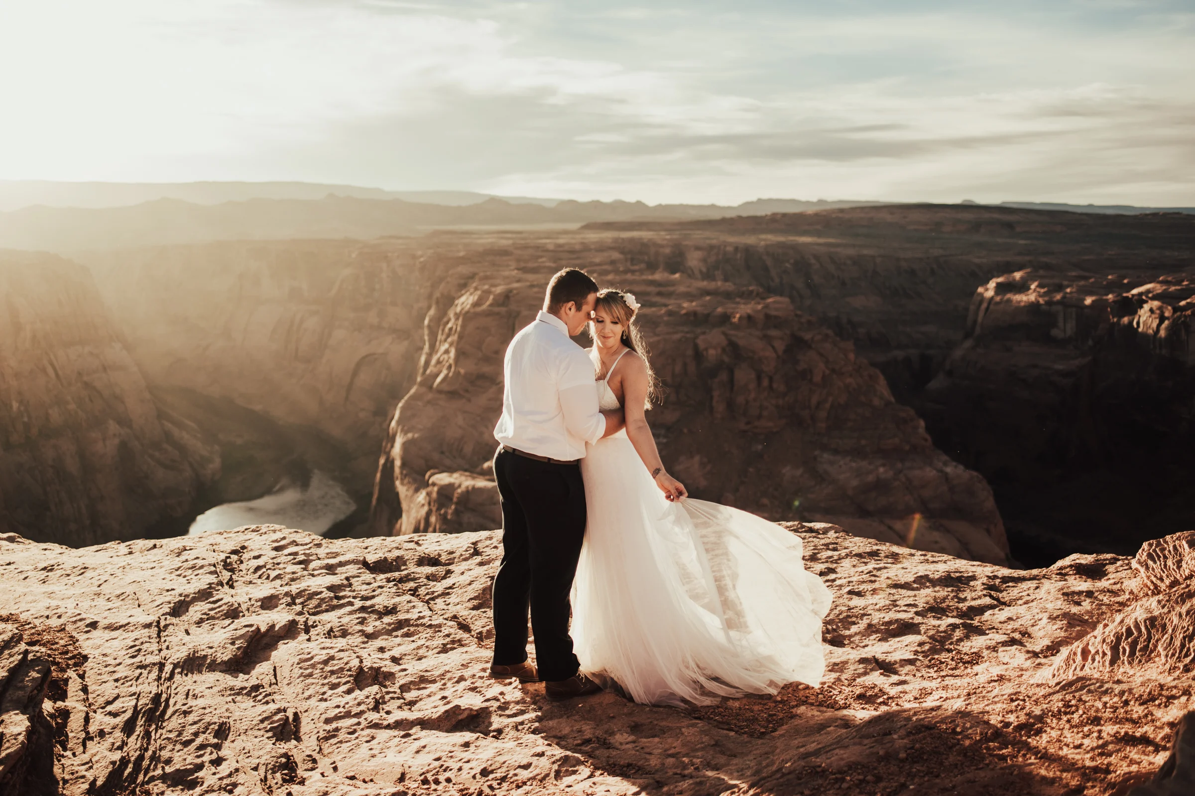 Breathtaking Portrait of Bride &amp; Groom at Horseshoe Bend Elopement Photographed by Big Sur Wedding Photographers Tessa Tadlock