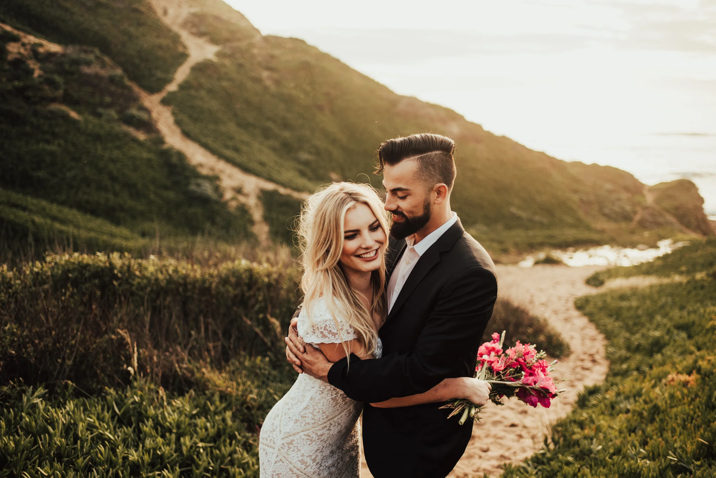 Coastal Pathway Portrait of Modern Bride &amp; Groom Photographed by Big Sur Wedding Photographers Tessa Tadlock