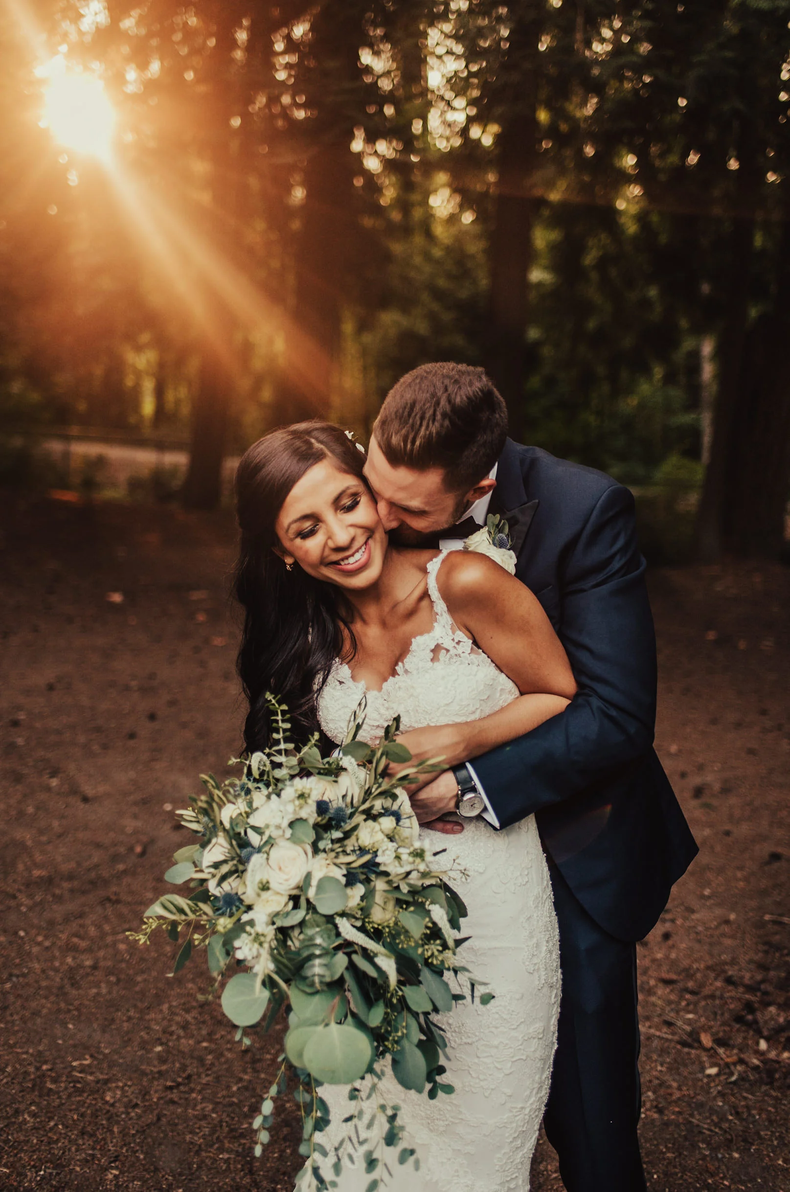 Sunlit PNW Forest Portrait of Groom &amp; Bride Photographed by Big Sur Wedding Photographers Tessa Tadlock