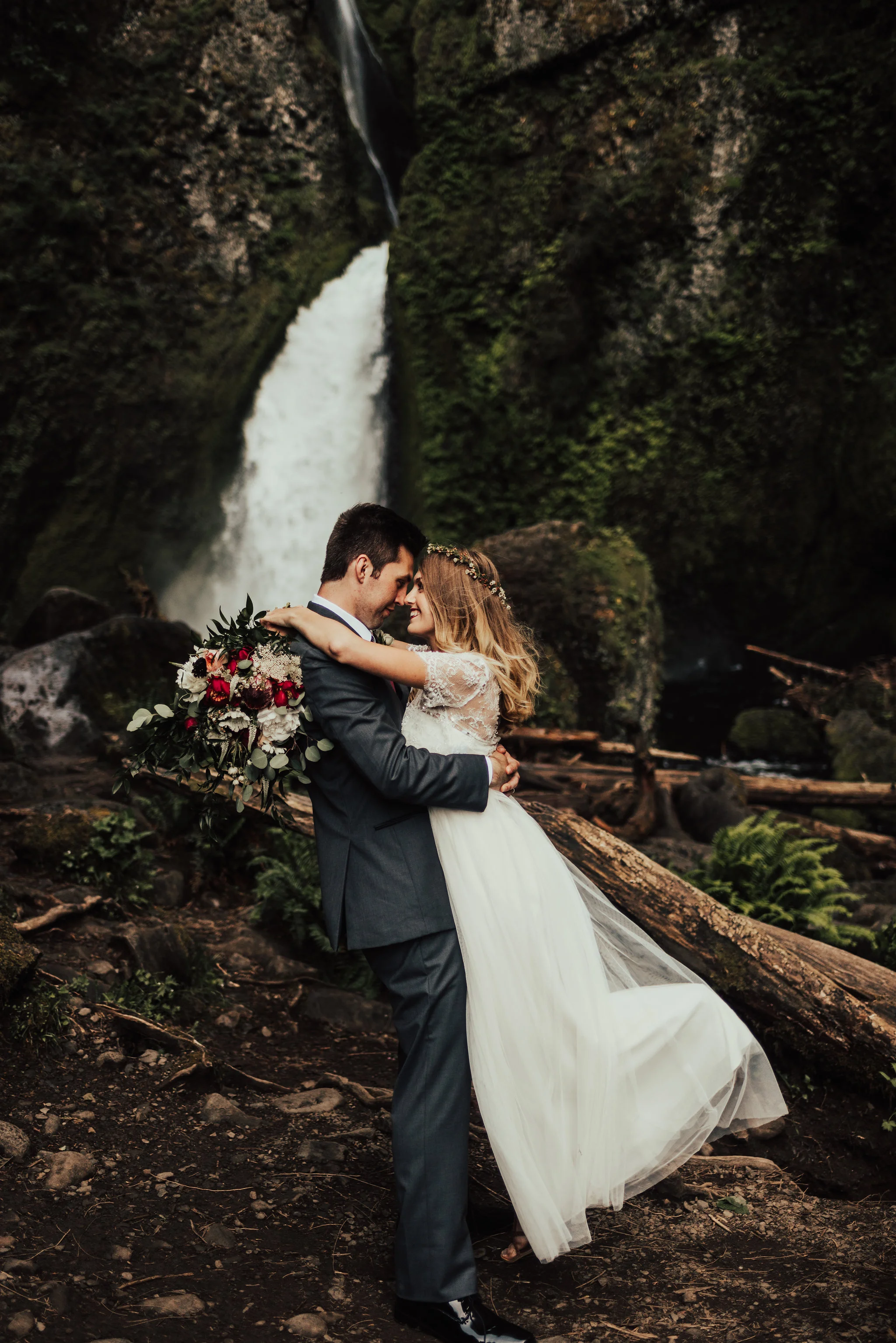 Waterfall elopement portrait photographed by Big Sur Wedding Photographers Tessa Tadlock 