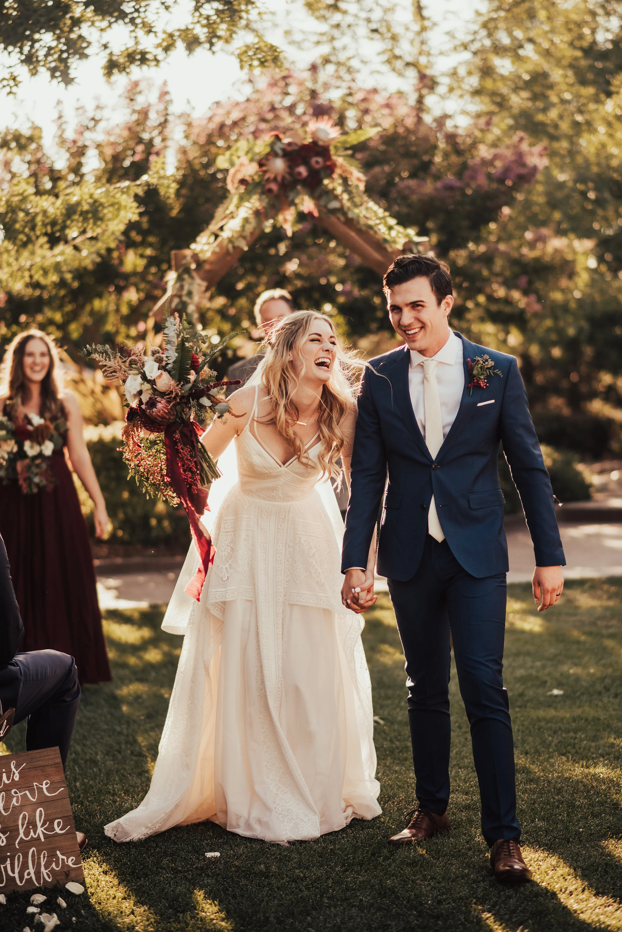 Bride &amp; Groom Walk Down the Aisle at their Garden Wedding Photographed by Big Sur Wedding Photographers Tessa Tadlock 
