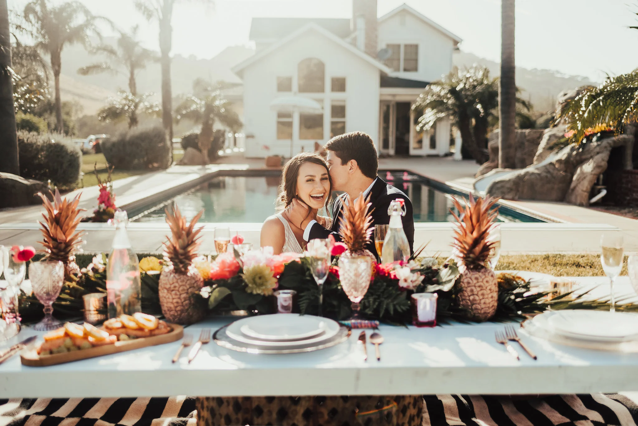 Vibrant Poolside Wedding with Colorful Table Setting Photographed by Big Sur Wedding Photographers Tessa Tadlock 