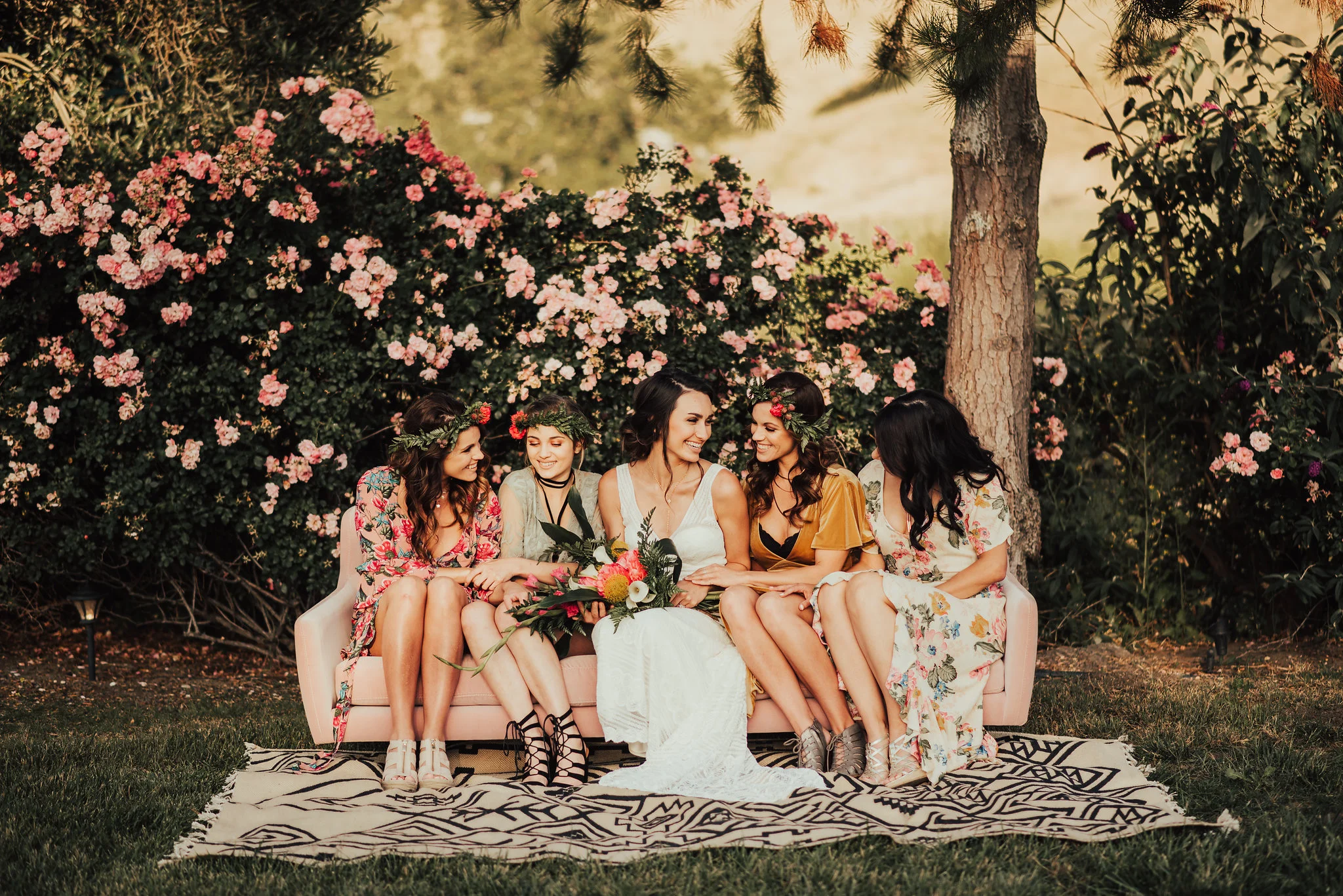 Sweet Bridal Party Couch Portait with Blush Florals Photographed by Big Sur Wedding Photographers Tessa Tadlock 
