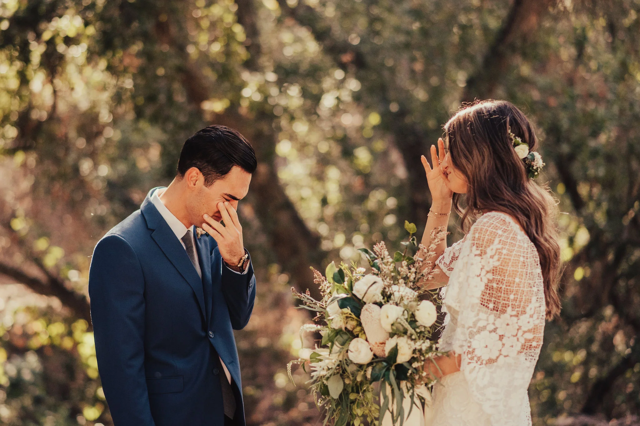Groom reacts to bride during romantic first look photographed by Big Sur Wedding Photographers Tessa Tadlock 