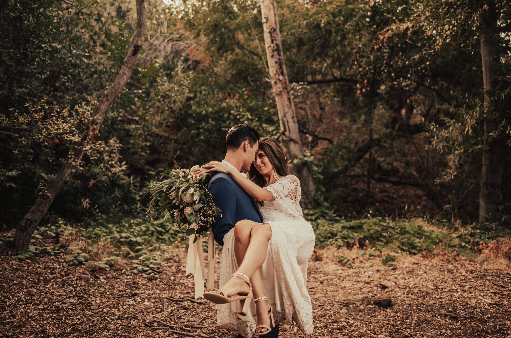 Woodsy Bride &amp; Groom Portraits at Oak Canyon Photographed by Big Sur Wedding Photographers Tessa Tadlock 