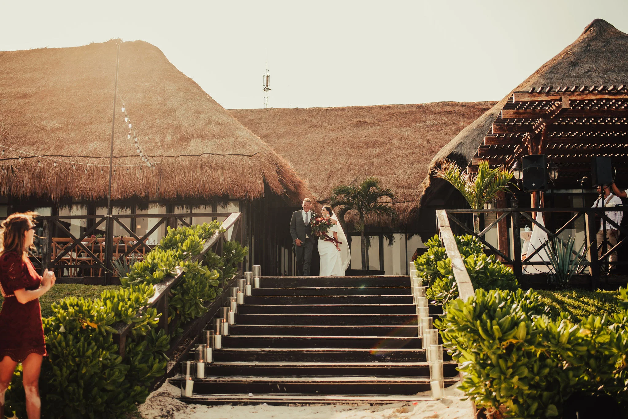 Bride & Dad Walk Down the Steps to Beach Wedding Photographed by Santa Barbara Wedding Photographers Tessa Tadlock