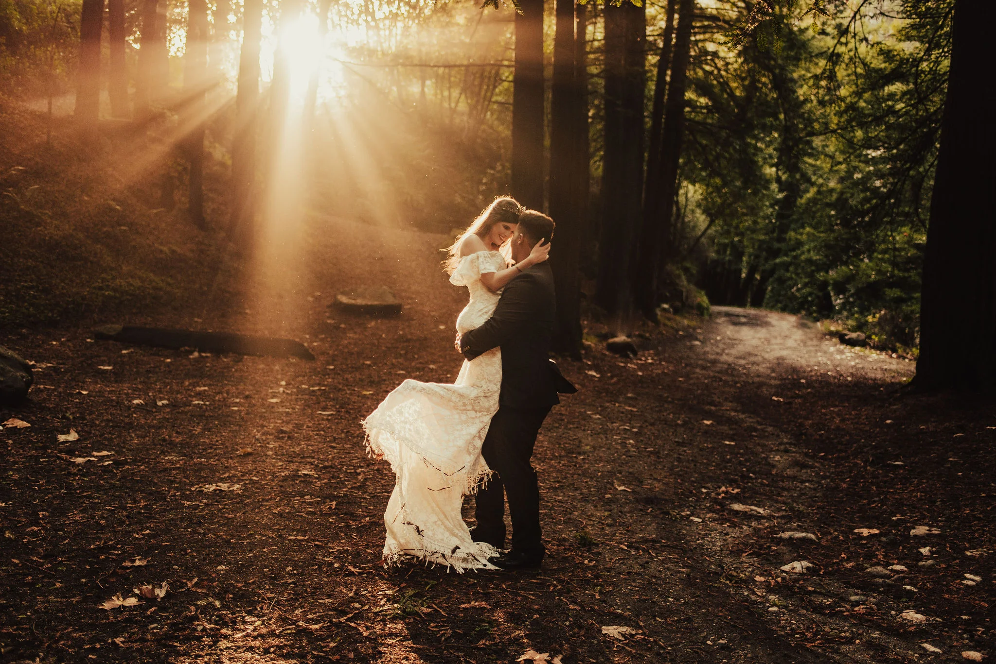 Magical Golden Light Portraits in Big Sur Forest with Bride &amp; Groom Photographed by Big Sur Wedding Photographers Tessa Tadlock