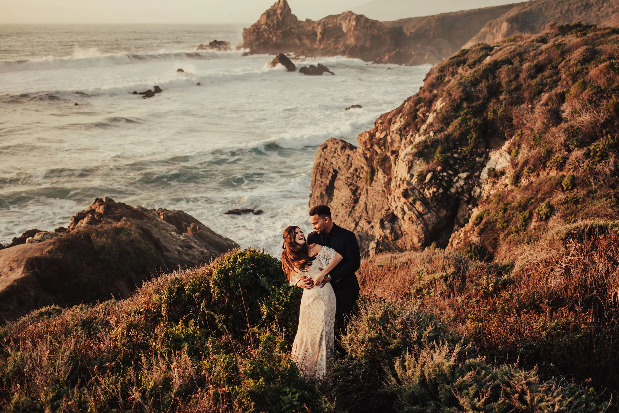 Windy Bride &amp; Groom Portraits on the California Coast Photographed by Big Sur Wedding Photographers Tessa Tadlock