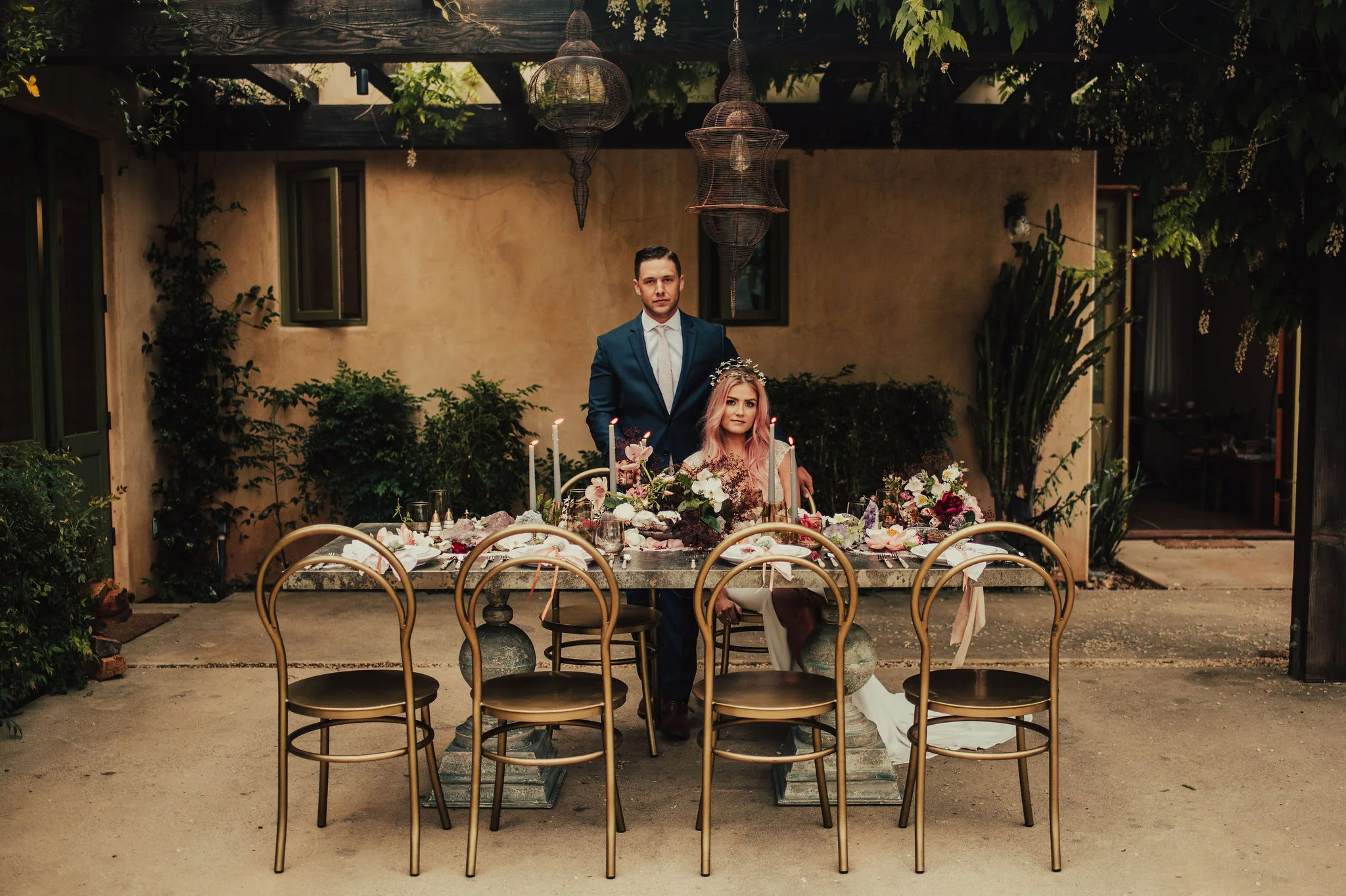 Bold Elopement Portraits with Boho Dinner Setup Photographed by Big Sur Wedding Photographers Tessa Tadlock
