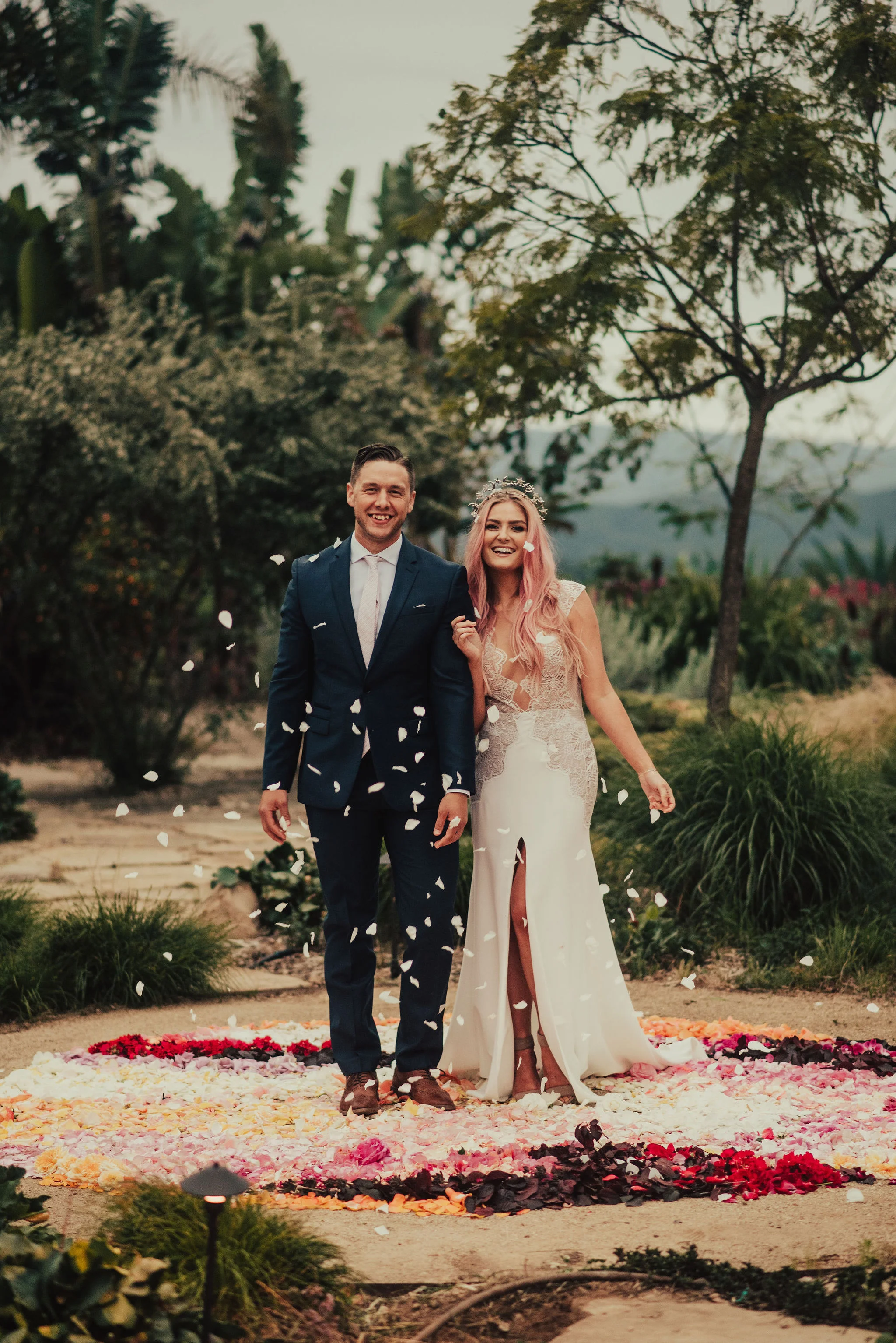 Boho Bride &amp; Groom Toss Flower Petals in Ojai Elopement Photographed by Big Sur Wedding Photographers Tessa Tadlock