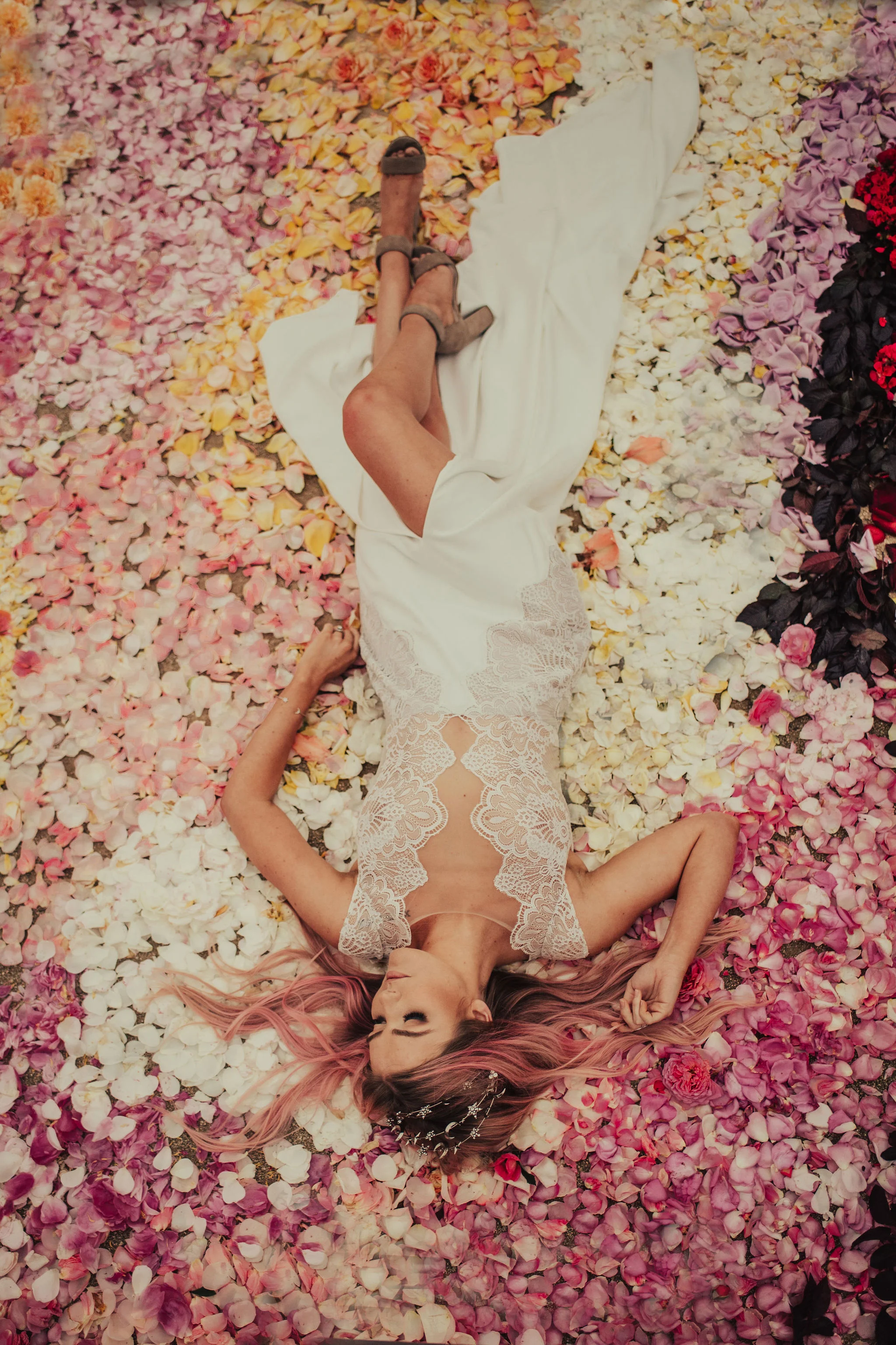 Boho Bride in Lace Gown on Rose Petal Circle Photographed by Big Sur Wedding Photographers Tessa Tadlock 
