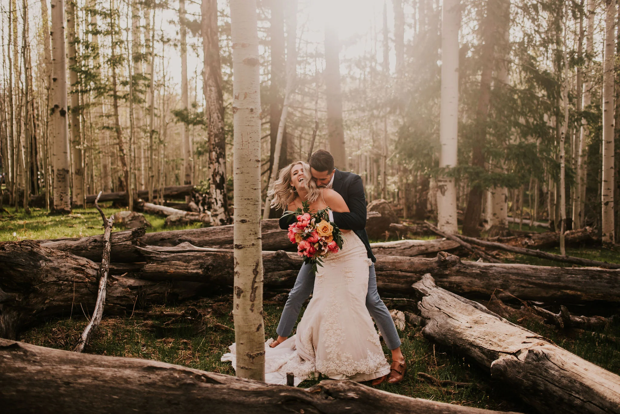 Playful Bride  &amp; Groom Portraits in Aspen Tree Forest with Sunlight Photographed by Big Sur Wedding Photographers Tessa Tadlock
