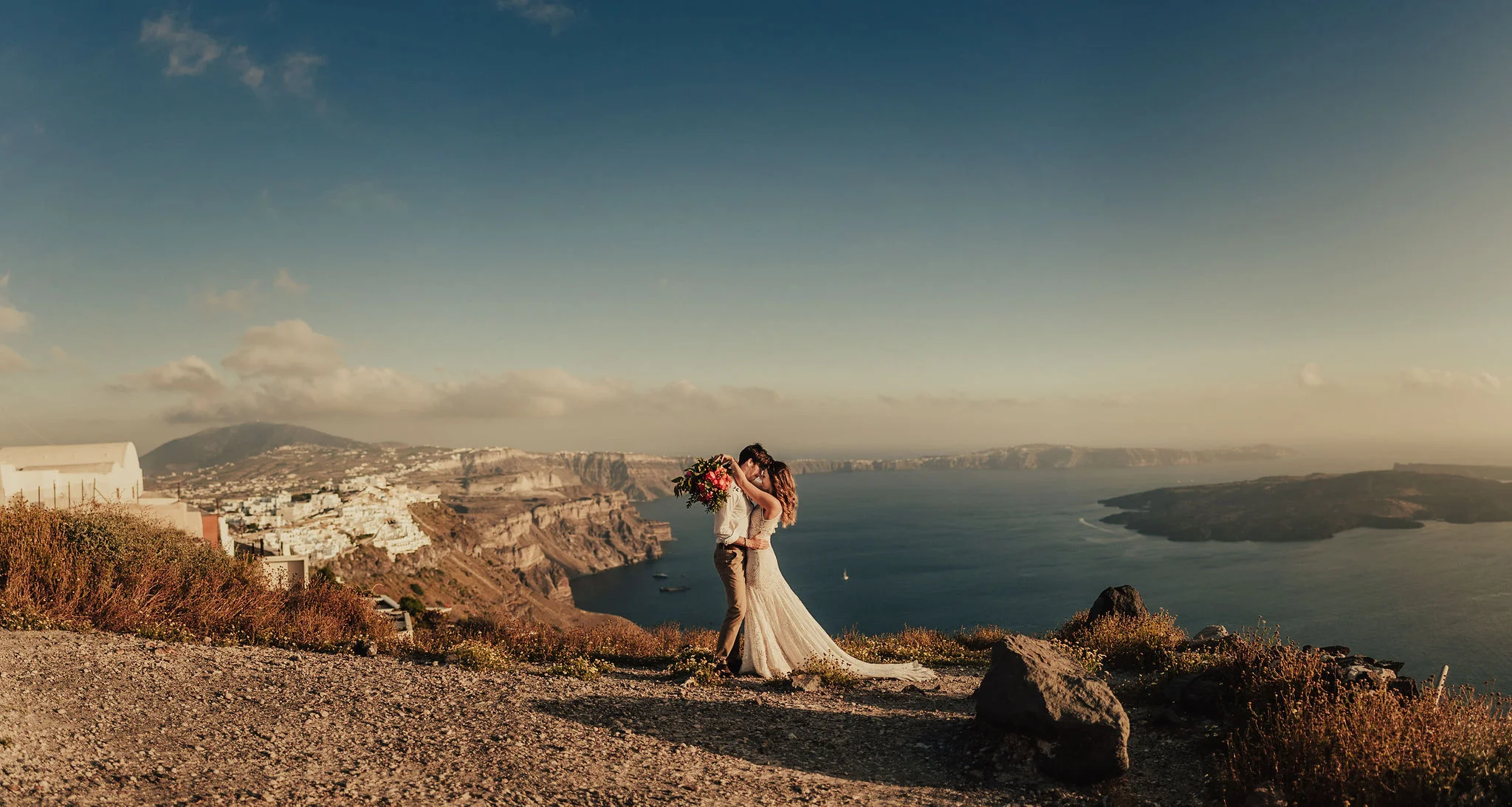 Greece Elopement Bride &amp; Groom Portrait with Panoramic Views photographed by Big Sur wedding photographers Tessa Tadlock