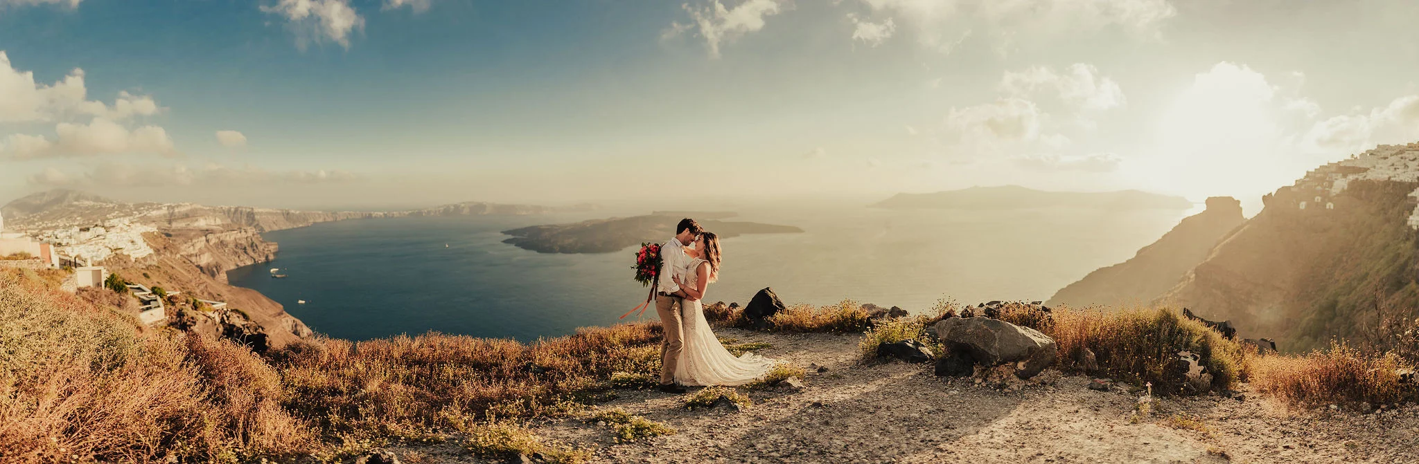 Panoramic Greece Island Portraits of Bride and Groom photographed by Big Sur wedding photographers Tessa Tadlock