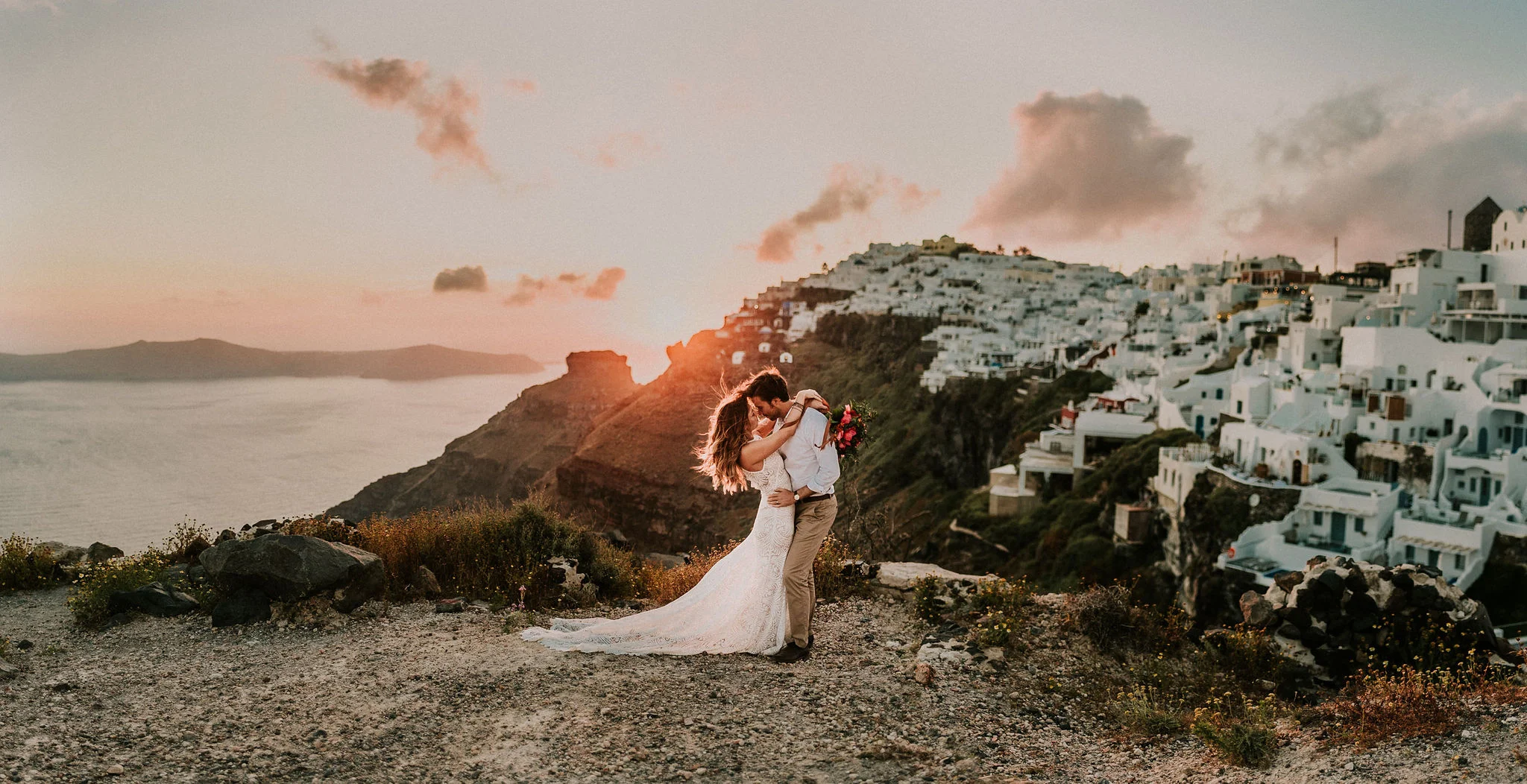 Greece Island Sunset Elopement Bride &amp; Groom Portrait photographed by Big Sur wedding photographers Tessa Tadlock